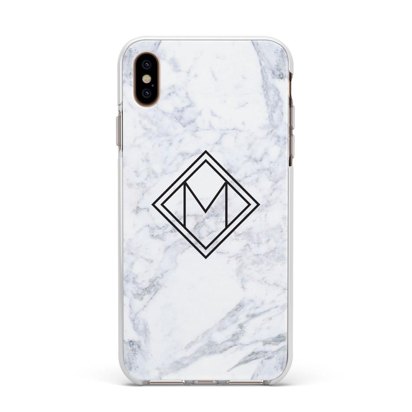 Personalised Marble Customised Initials Apple iPhone Xs Max Impact Case White Edge on Gold Phone