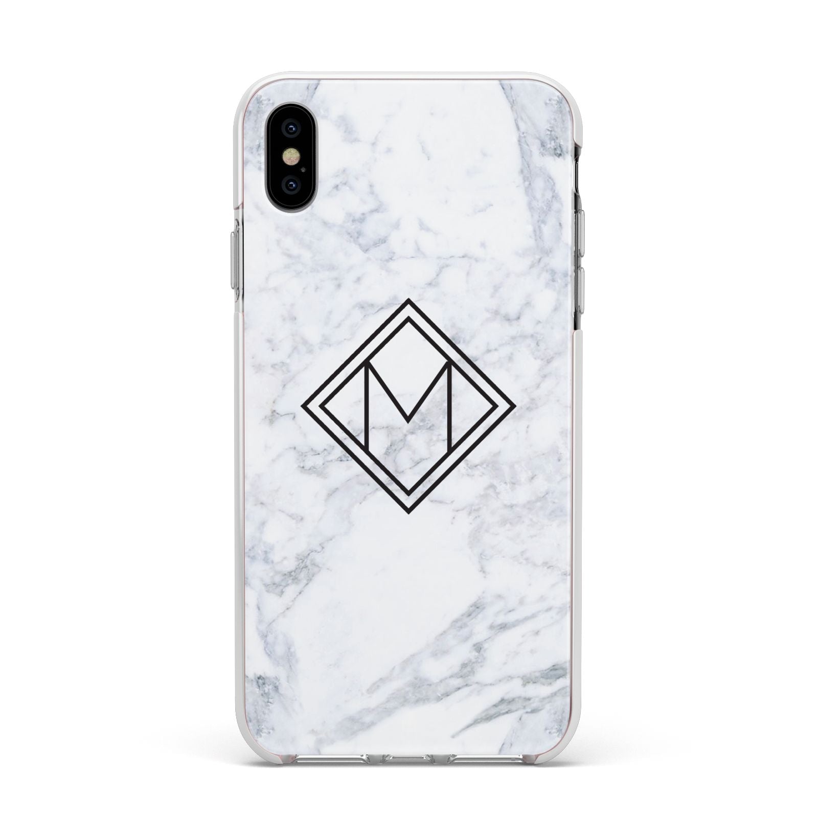 Personalised Marble Customised Initials Apple iPhone Xs Max Impact Case White Edge on Silver Phone