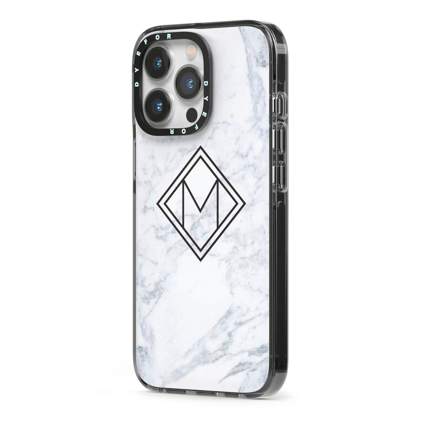 Personalised Marble Customised Initials iPhone 13 Pro Black Impact Case Side Angle on Silver phone