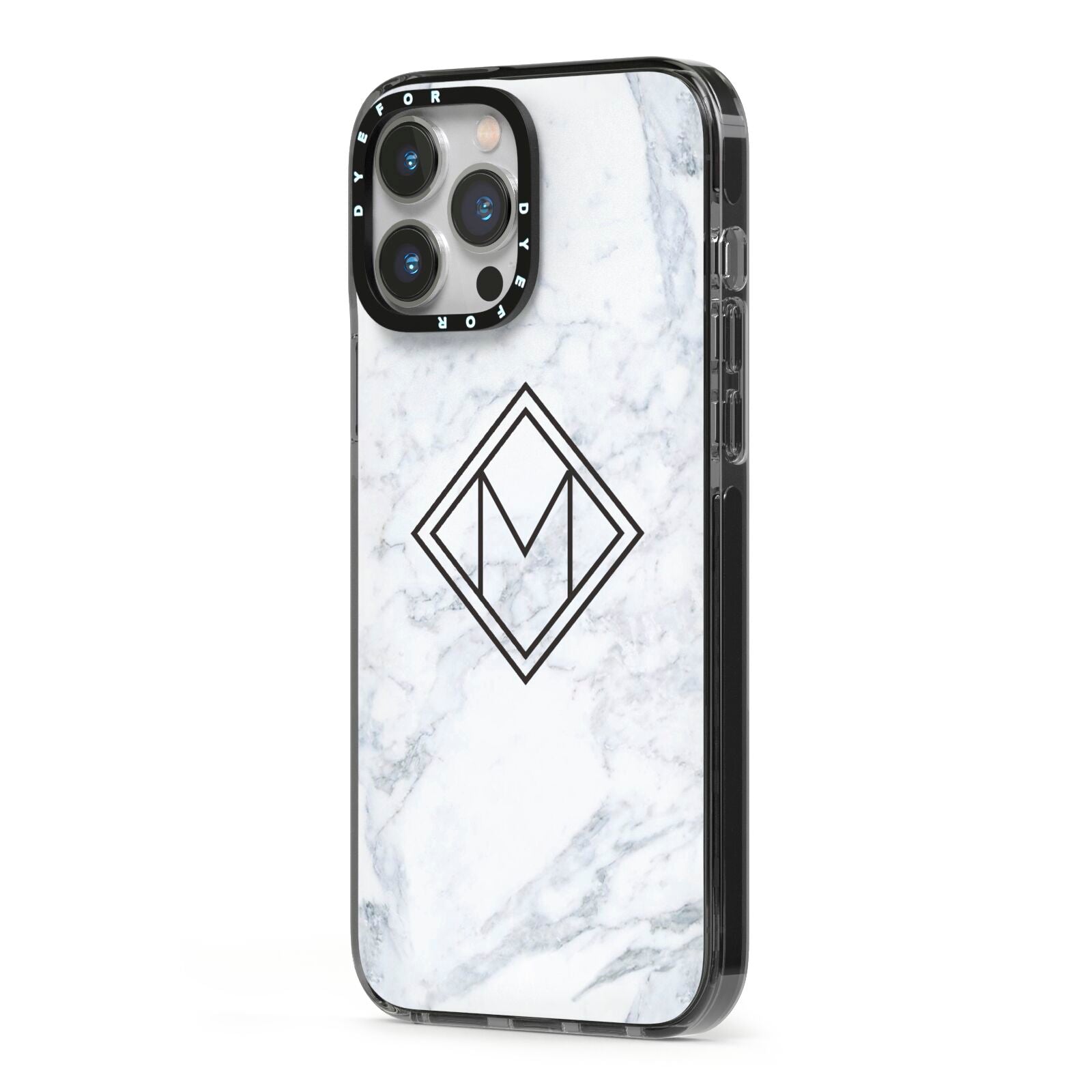 Personalised Marble Customised Initials iPhone 13 Pro Max Black Impact Case Side Angle on Silver phone