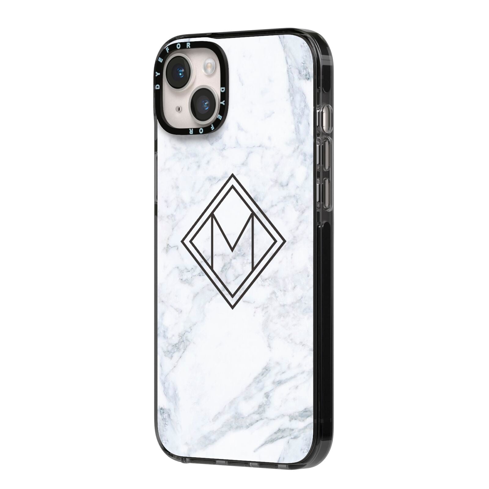 Personalised Marble Customised Initials iPhone 14 Plus Black Impact Case Side Angle on Silver phone