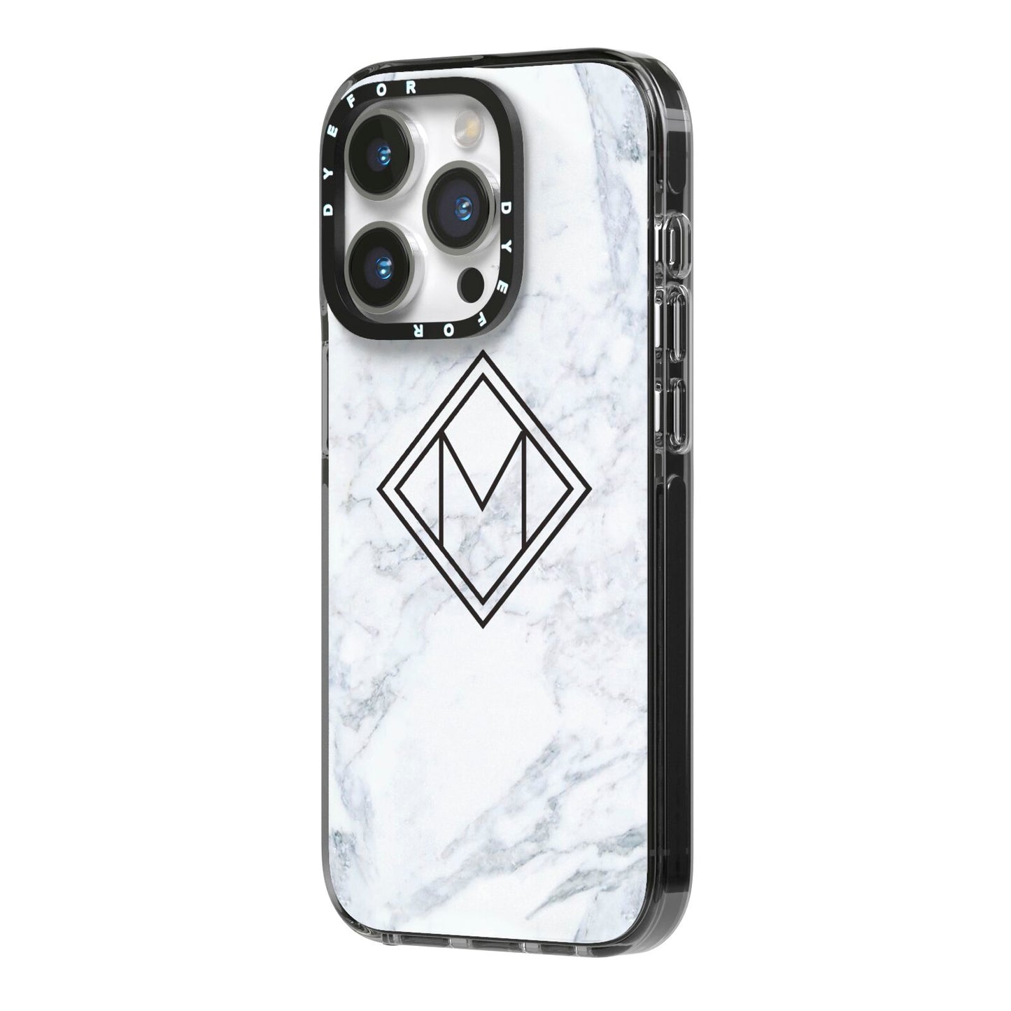 Personalised Marble Customised Initials iPhone 14 Pro Black Impact Case Side Angle on Silver phone