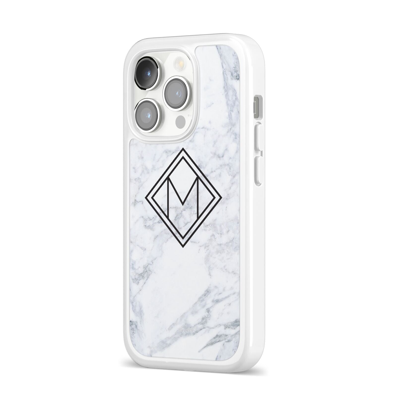 Personalised Marble Customised Initials iPhone 14 Pro Clear Tough Case Silver Angled Image