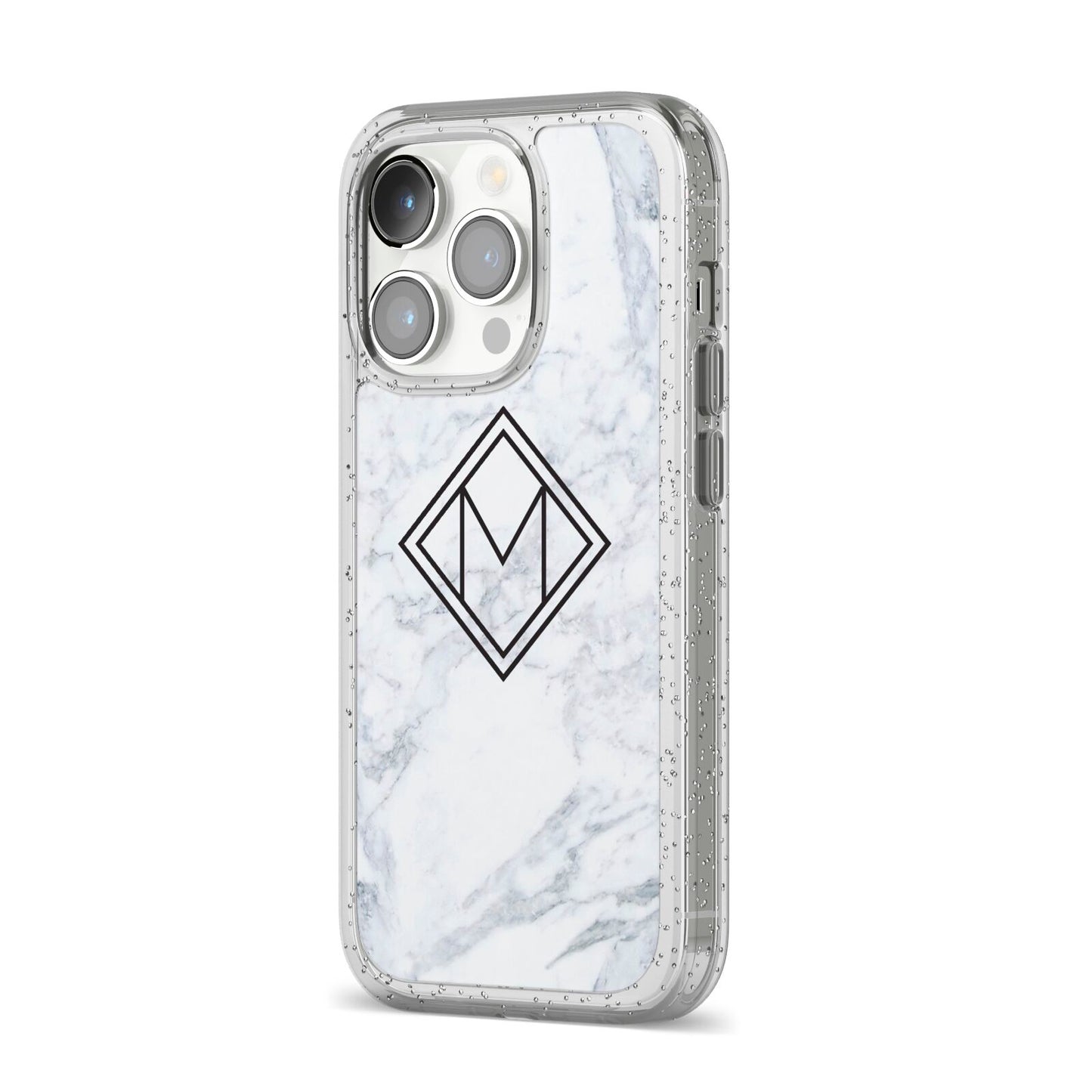 Personalised Marble Customised Initials iPhone 14 Pro Glitter Tough Case Silver Angled Image