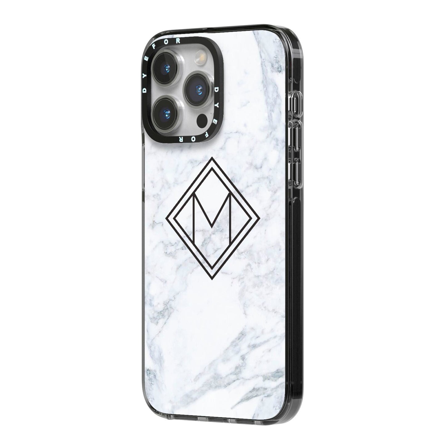 Personalised Marble Customised Initials iPhone 14 Pro Max Black Impact Case Side Angle on Silver phone