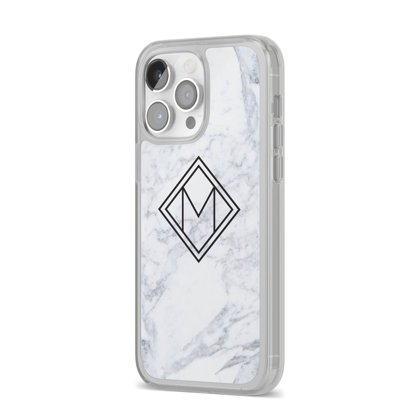 Personalised Marble Customised Initials iPhone 14 Pro Max Clear Tough Case Silver Angled Image