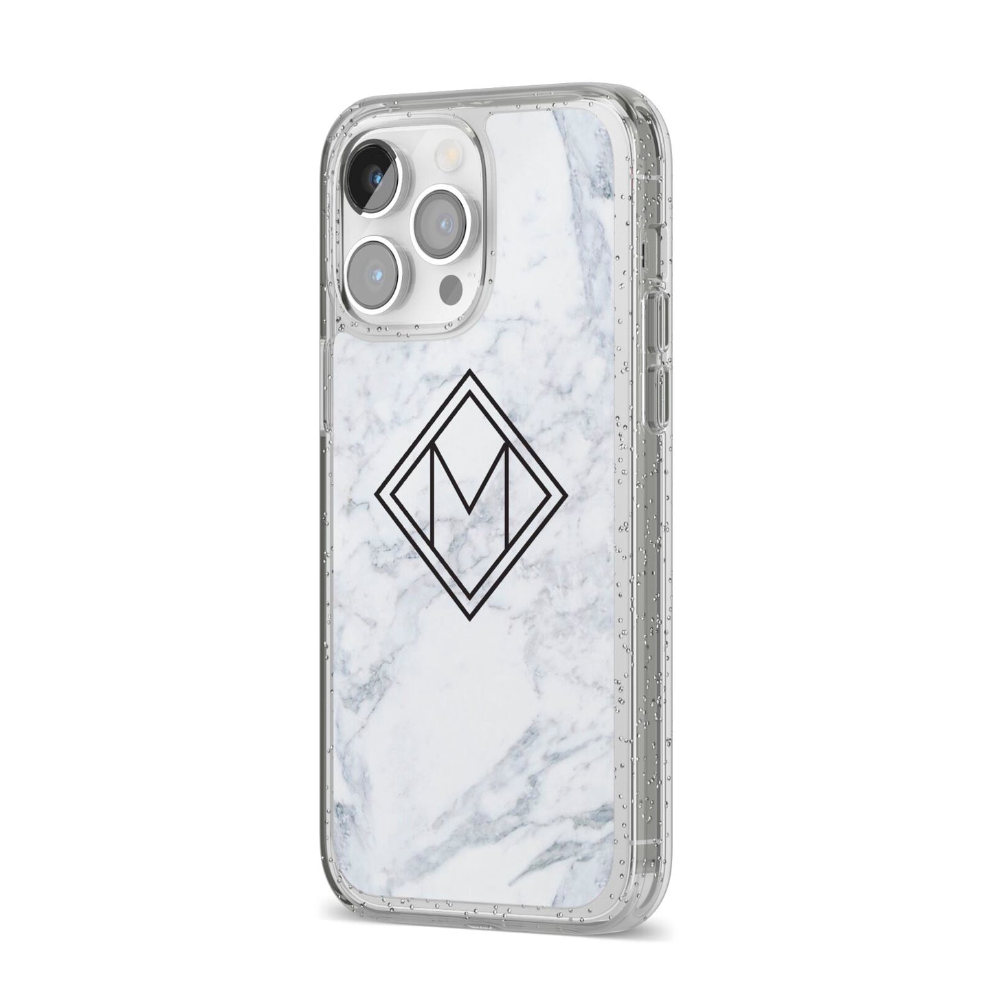 Personalised Marble Customised Initials iPhone 14 Pro Max Glitter Tough Case Silver Angled Image