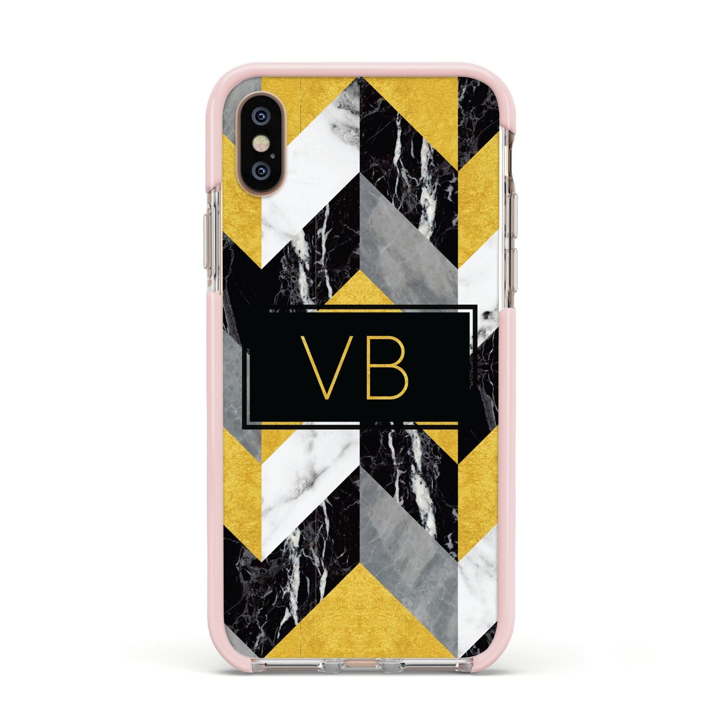 Personalised Marble Effect Initials Apple iPhone Xs Impact Case Pink Edge on Gold Phone