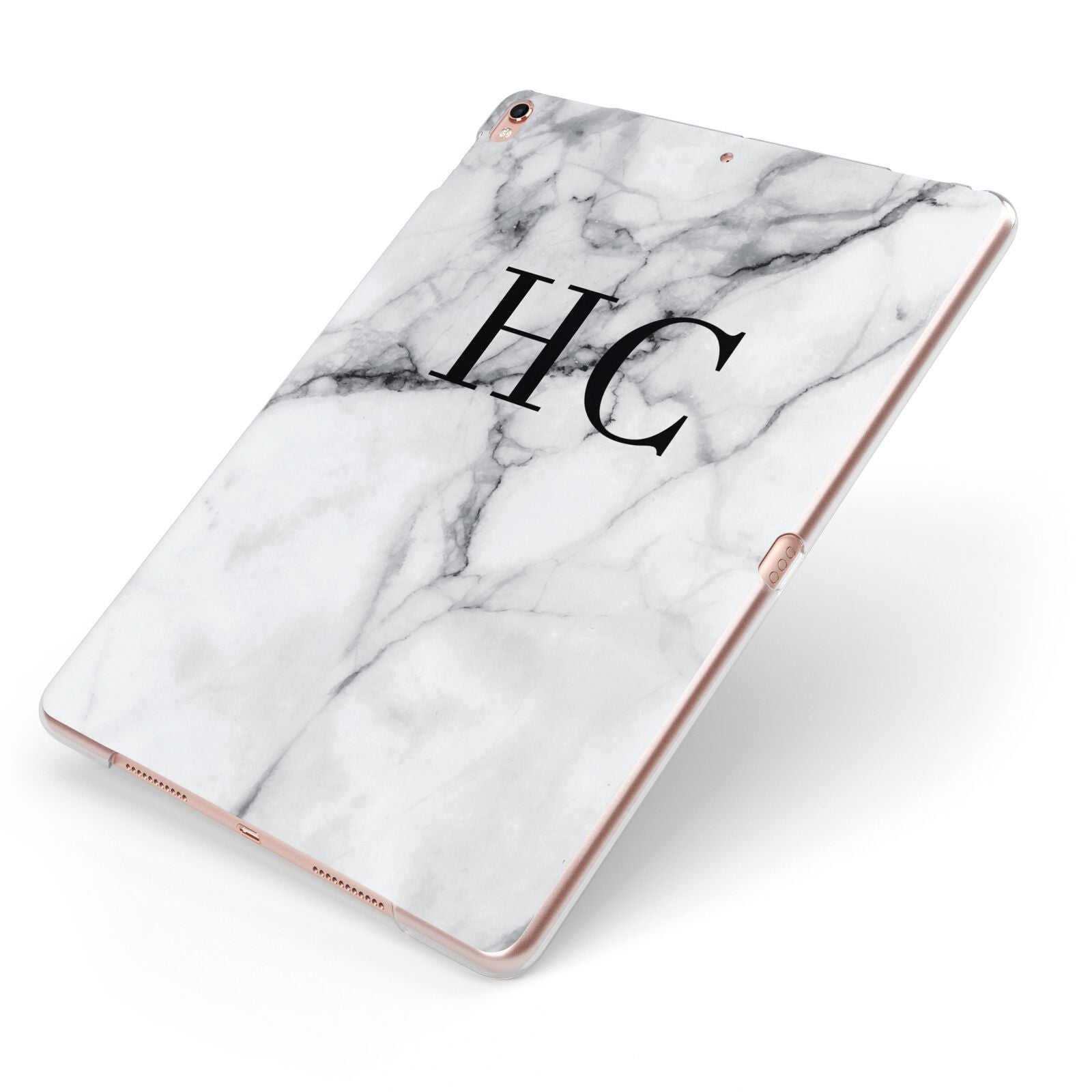 Personalised Marble Effect Initials Monogram Apple iPad Case on Rose Gold iPad Side View