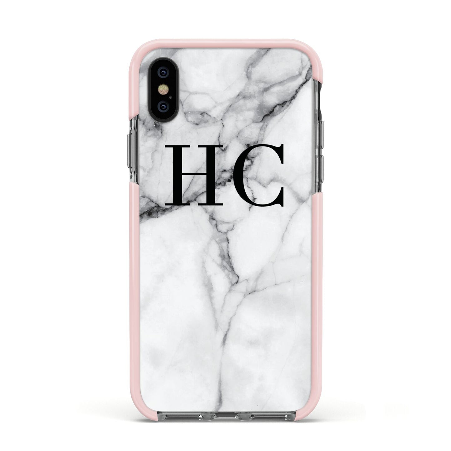 Personalised Marble Effect Initials Monogram Apple iPhone Xs Impact Case Pink Edge on Black Phone