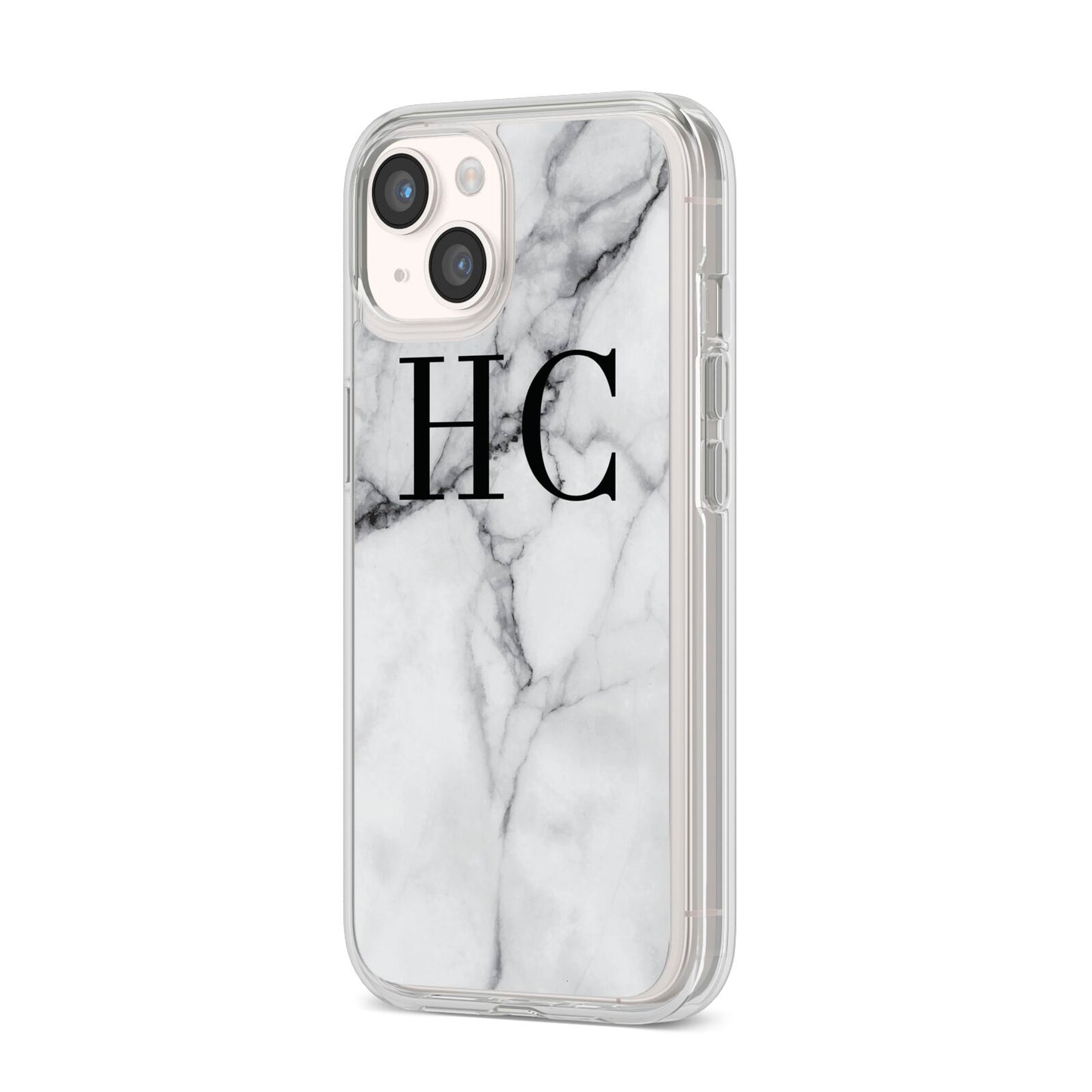 Personalised Marble Effect Initials Monogram iPhone 14 Clear Tough Case Starlight Angled Image