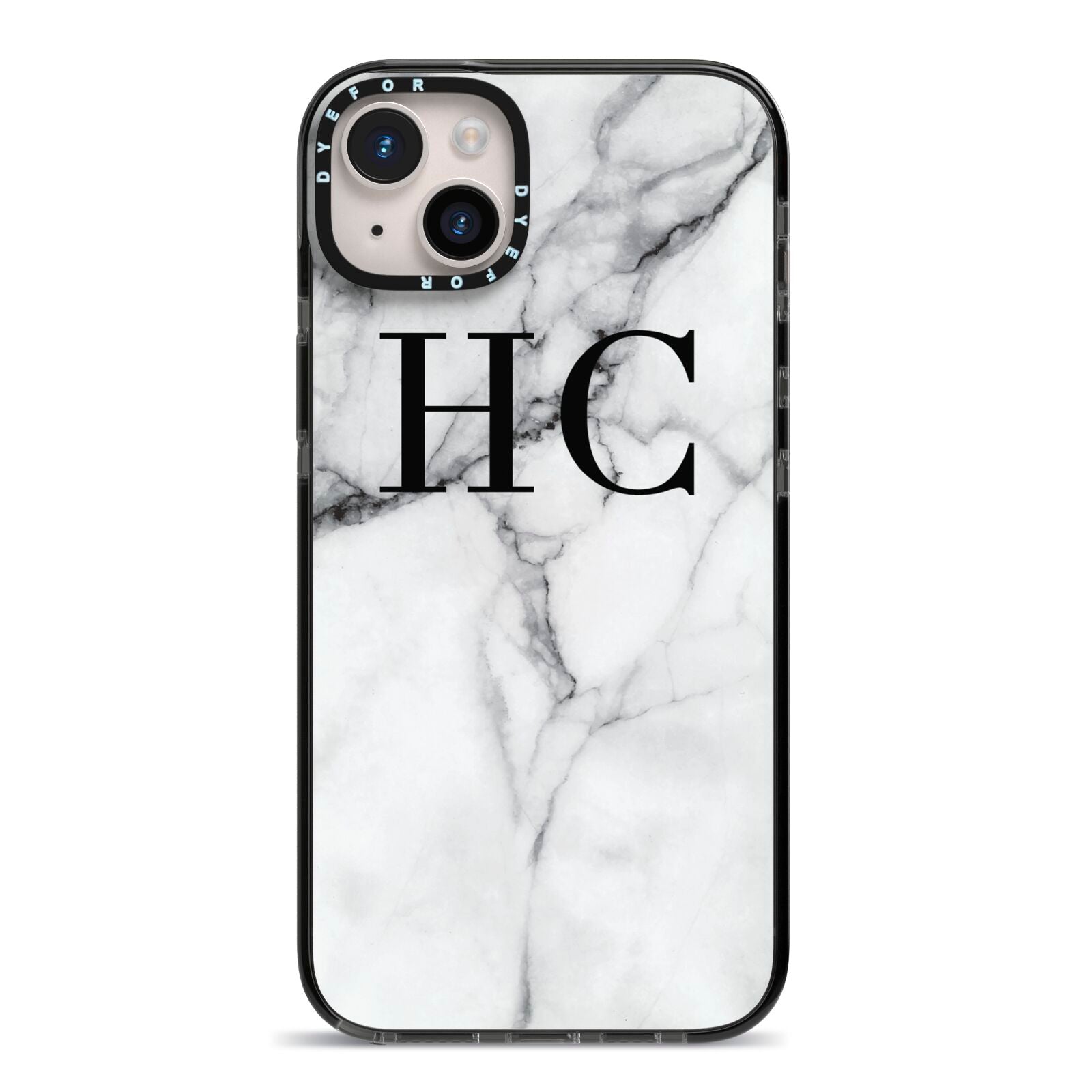 Personalised Marble Effect Initials Monogram iPhone 14 Plus Black Impact Case on Silver phone