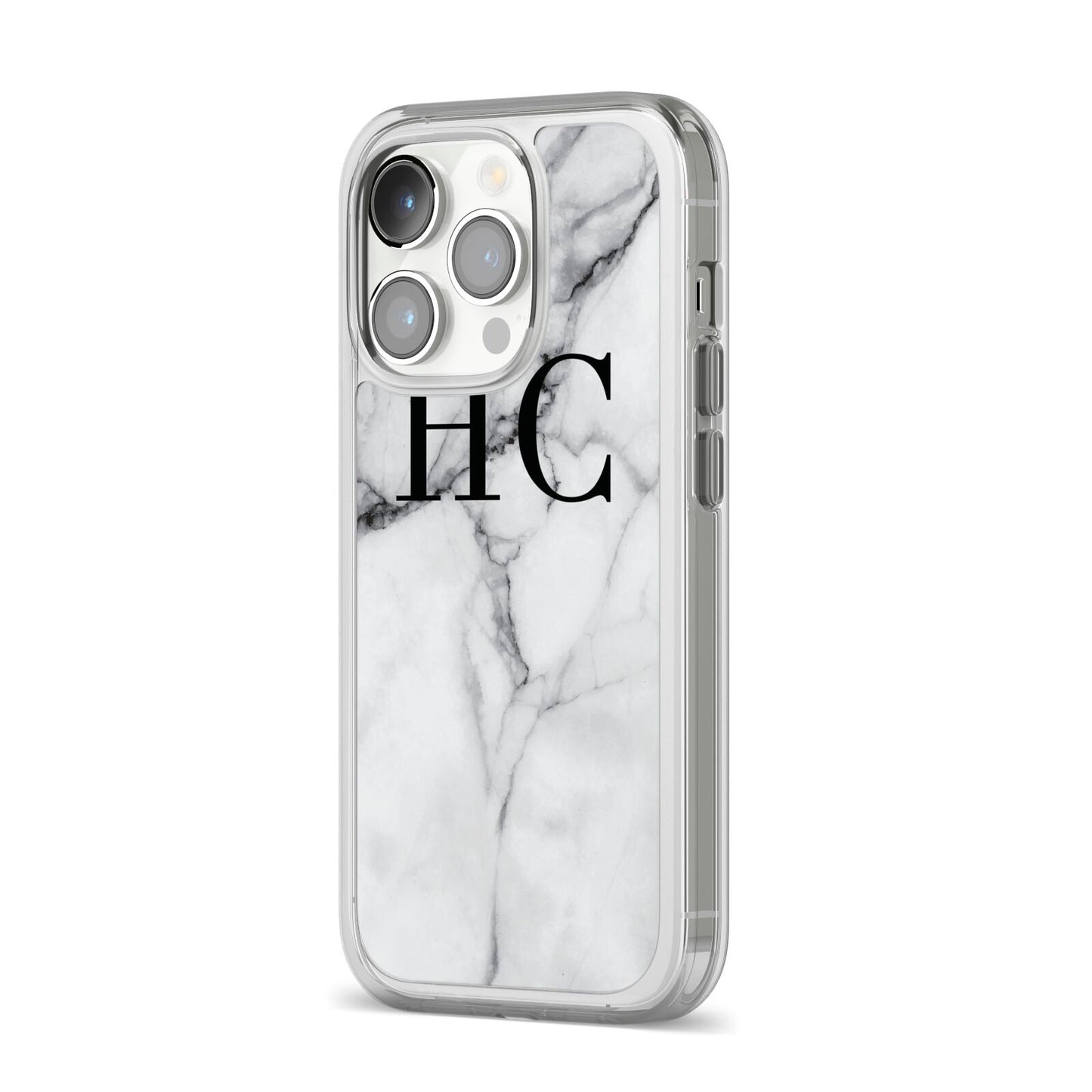 Personalised Marble Effect Initials Monogram iPhone 14 Pro Clear Tough Case Silver Angled Image