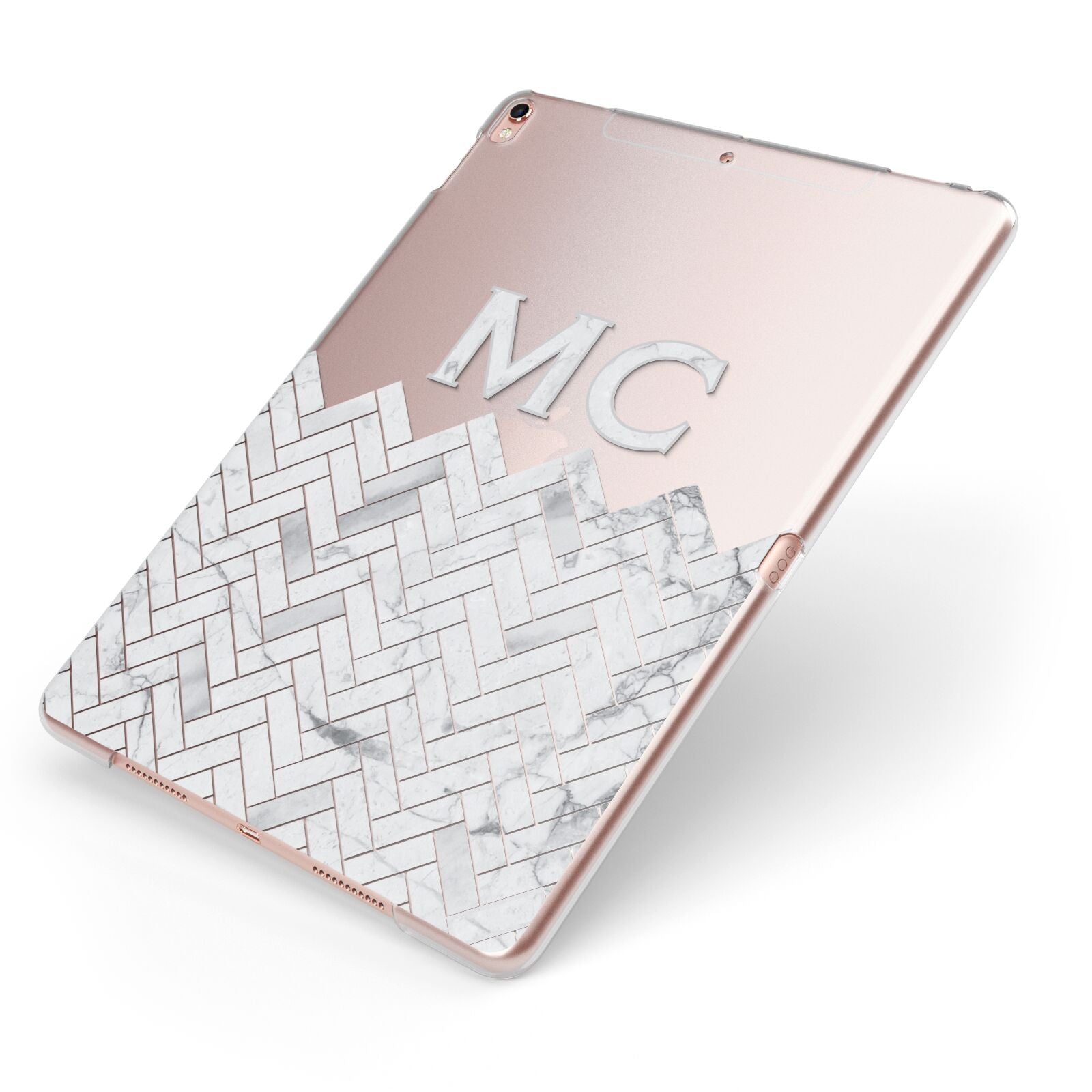Personalised Marble Herringbone Clear Apple iPad Case on Rose Gold iPad Side View