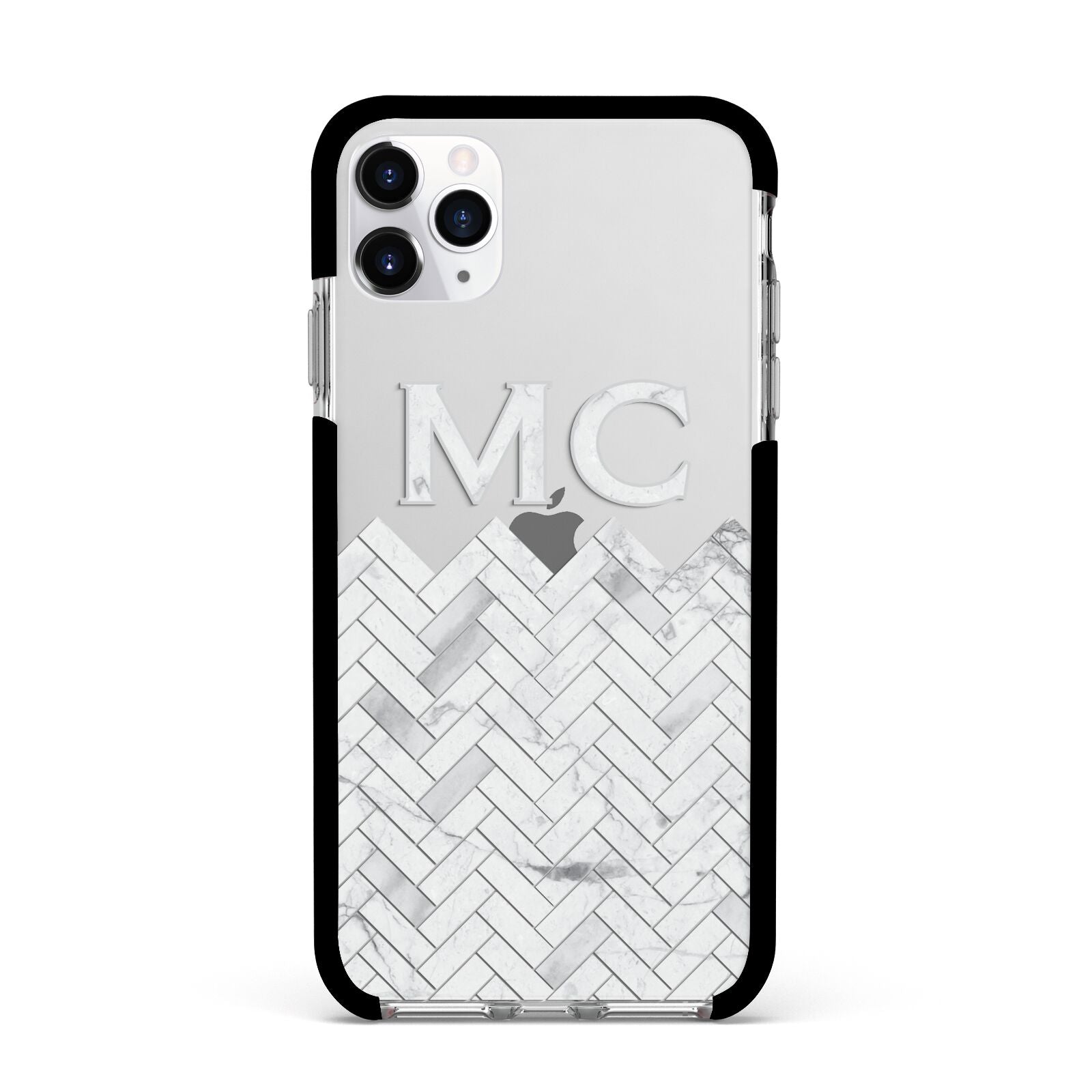Personalised Marble Herringbone Clear Apple iPhone 11 Pro Max in Silver with Black Impact Case