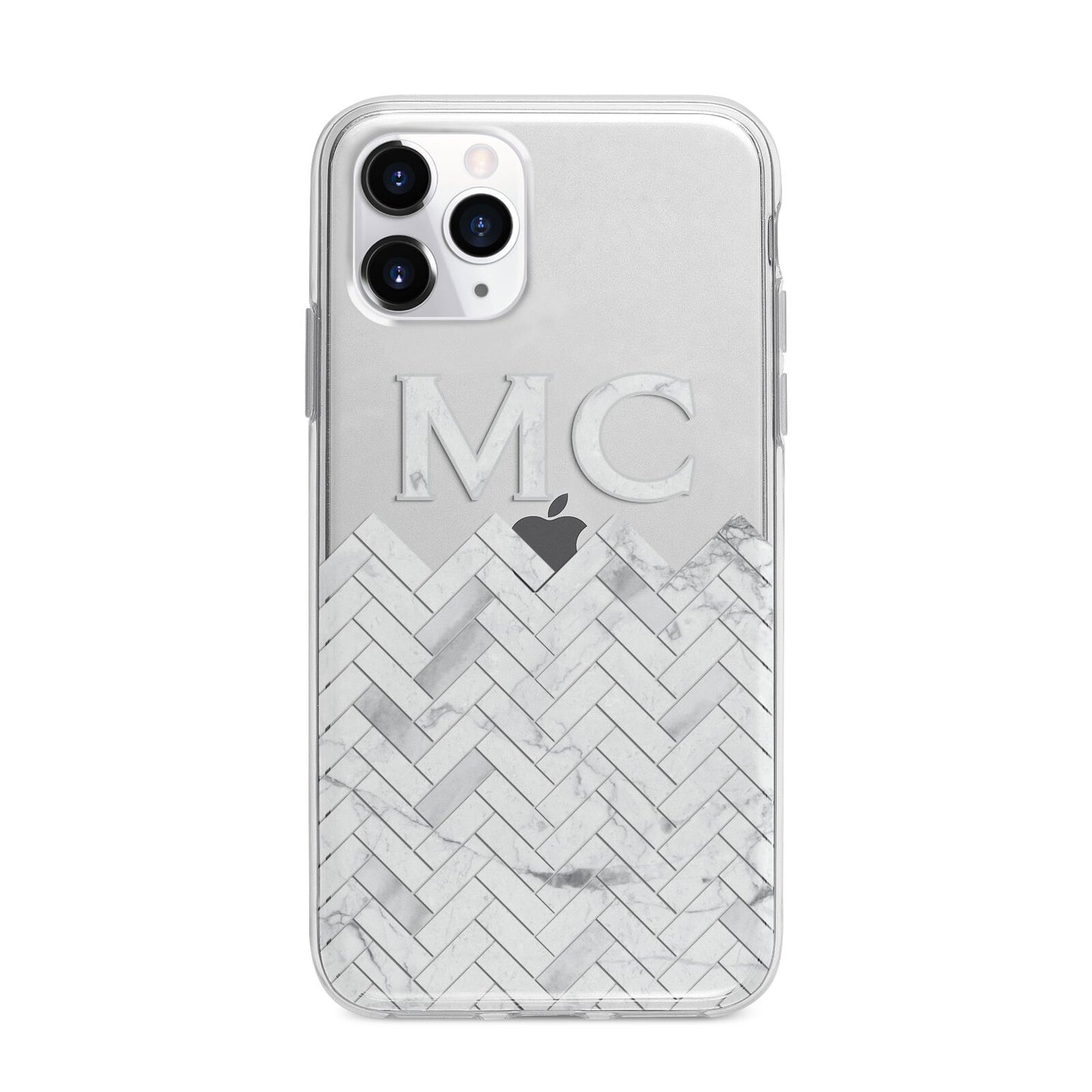 Personalised Marble Herringbone Clear Apple iPhone 11 Pro Max in Silver with Bumper Case