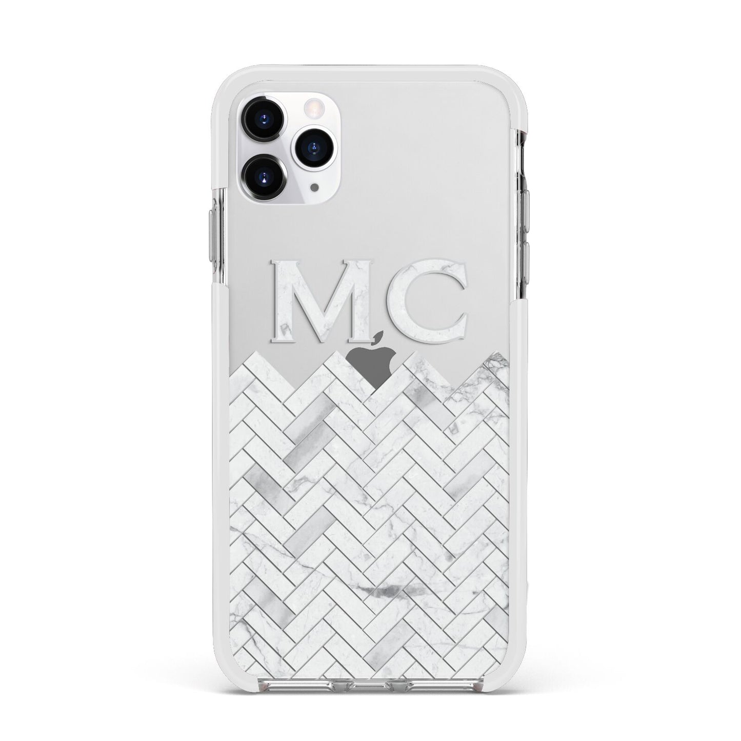 Personalised Marble Herringbone Clear Apple iPhone 11 Pro Max in Silver with White Impact Case