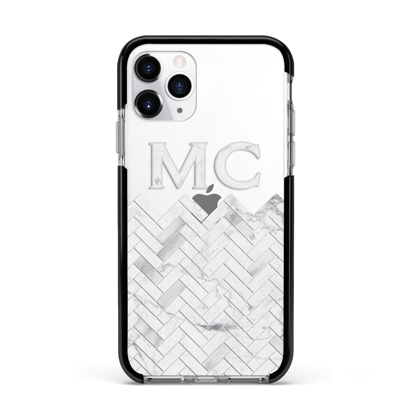 Personalised Marble Herringbone Clear Apple iPhone 11 Pro in Silver with Black Impact Case