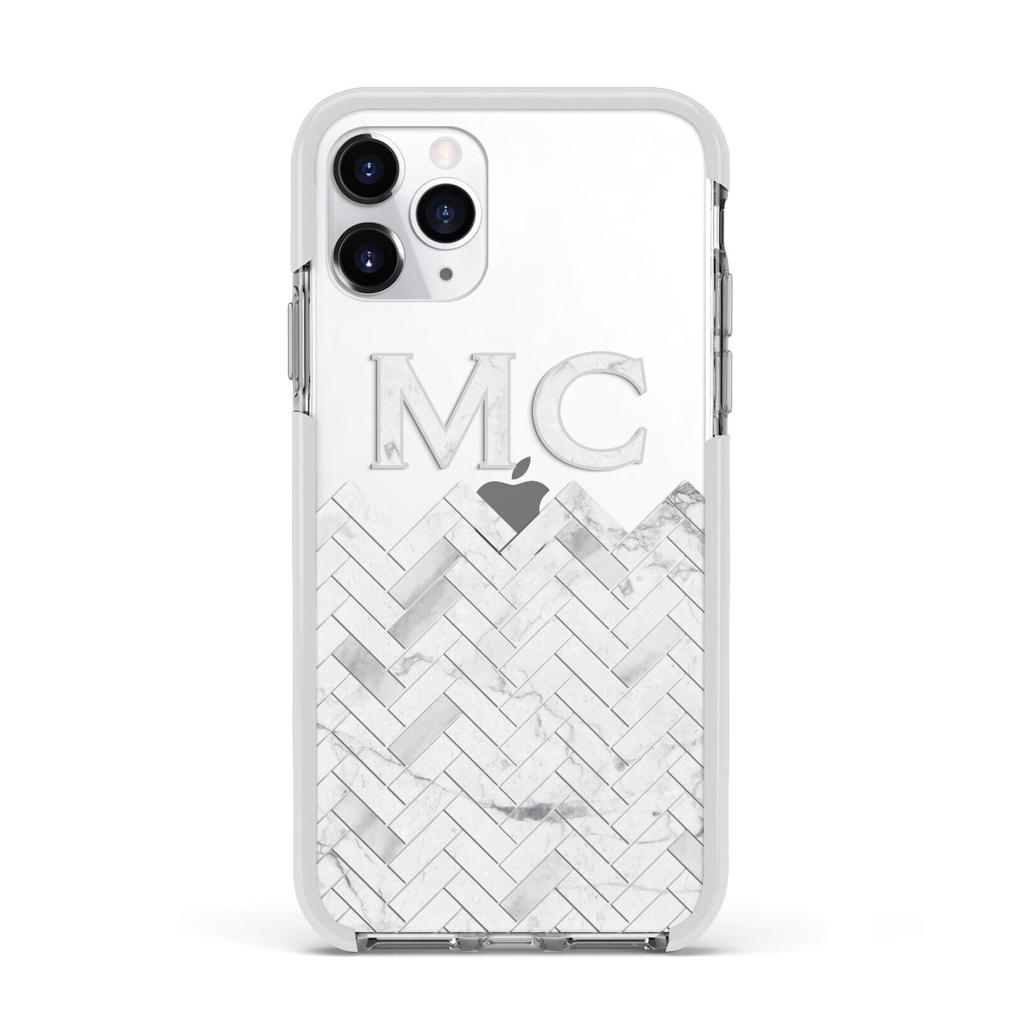 Personalised Marble Herringbone Clear Apple iPhone 11 Pro in Silver with White Impact Case
