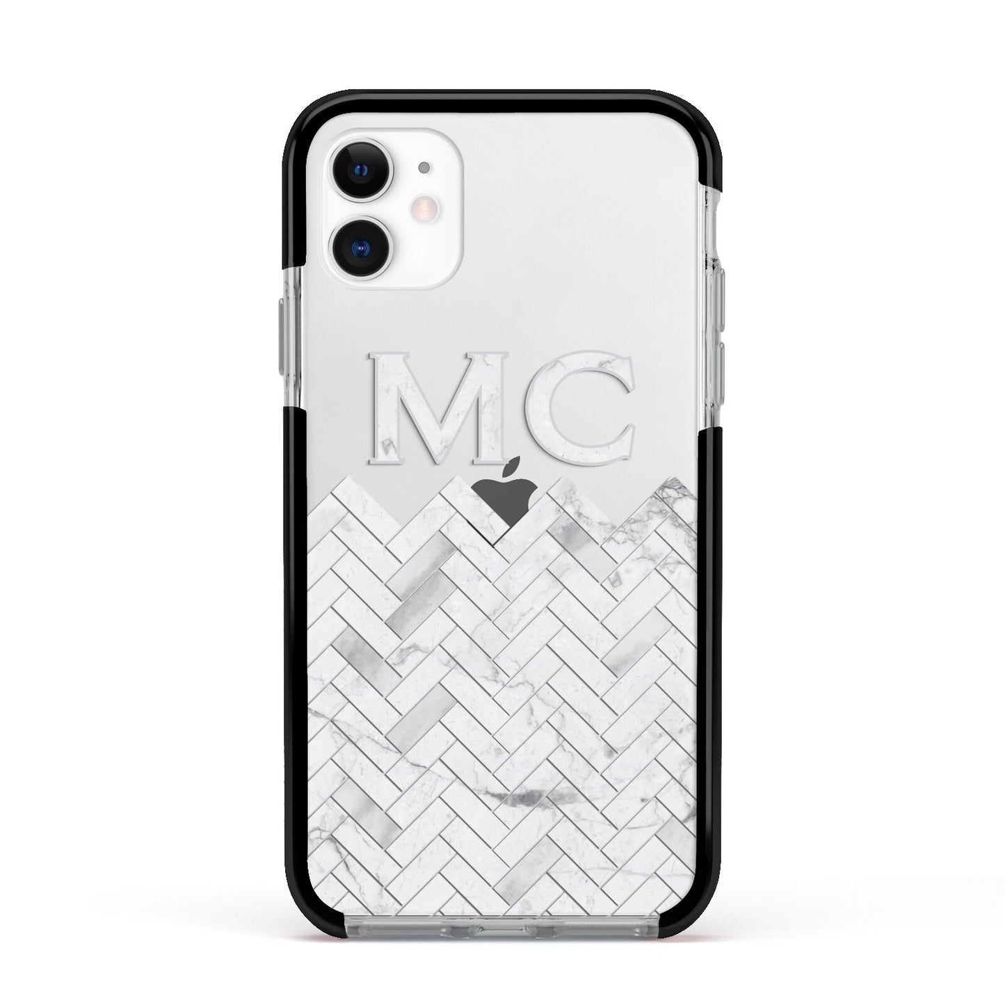 Personalised Marble Herringbone Clear Apple iPhone 11 in White with Black Impact Case