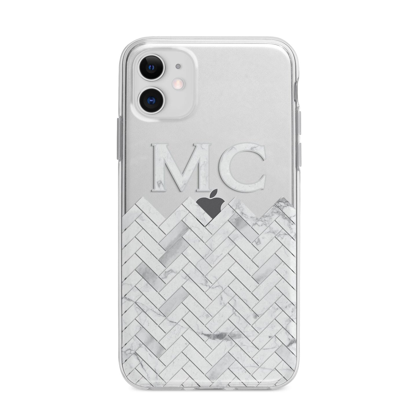 Personalised Marble Herringbone Clear Apple iPhone 11 in White with Bumper Case