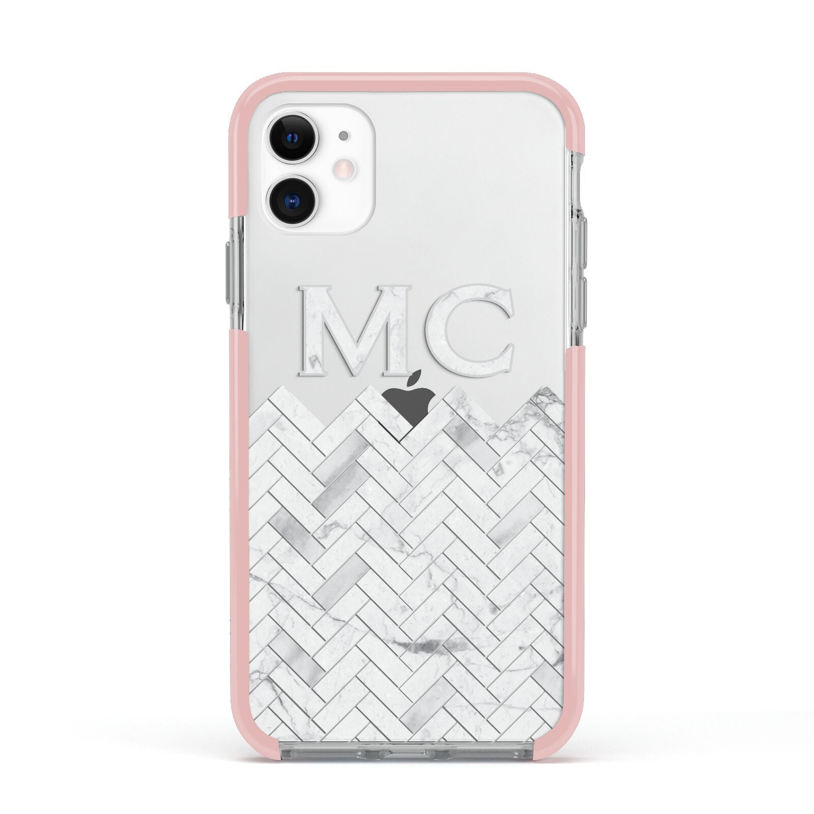 Personalised Marble Herringbone Clear Apple iPhone 11 in White with Pink Impact Case