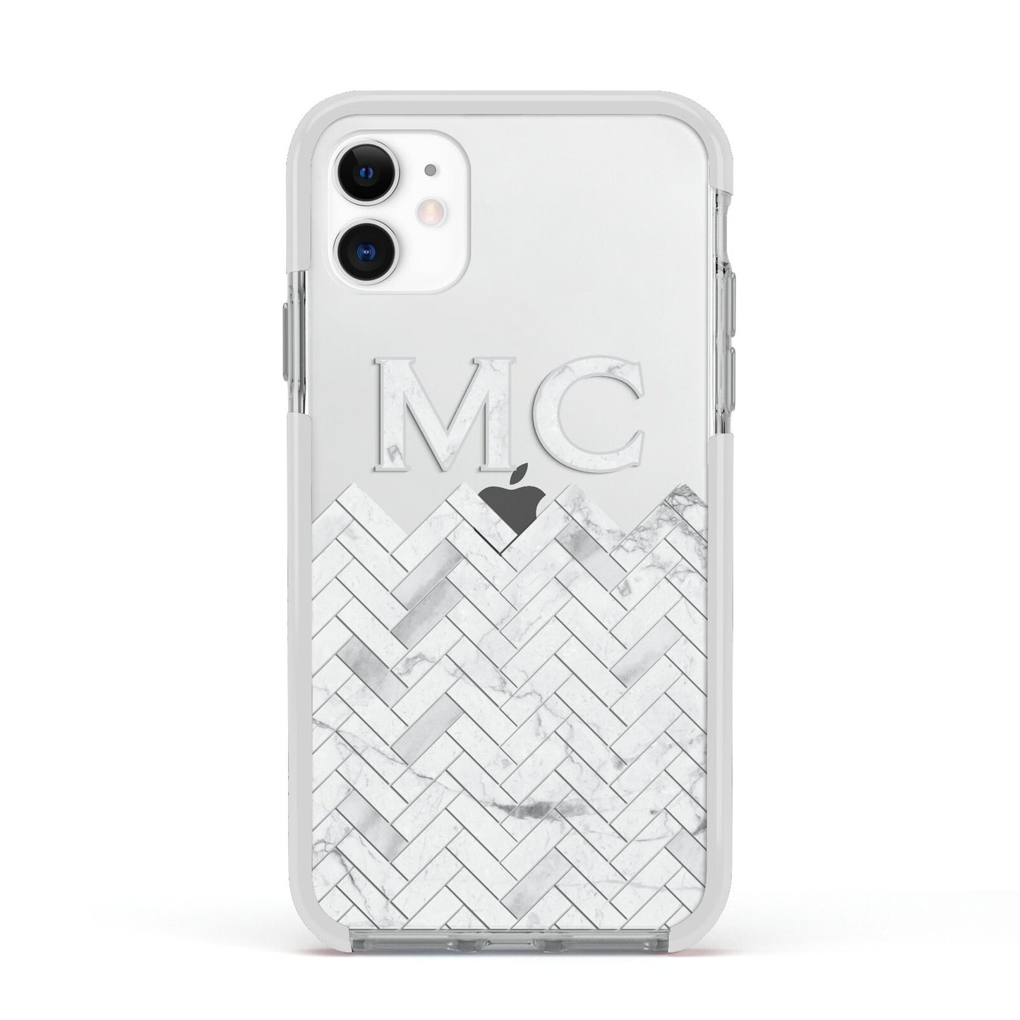 Personalised Marble Herringbone Clear Apple iPhone 11 in White with White Impact Case