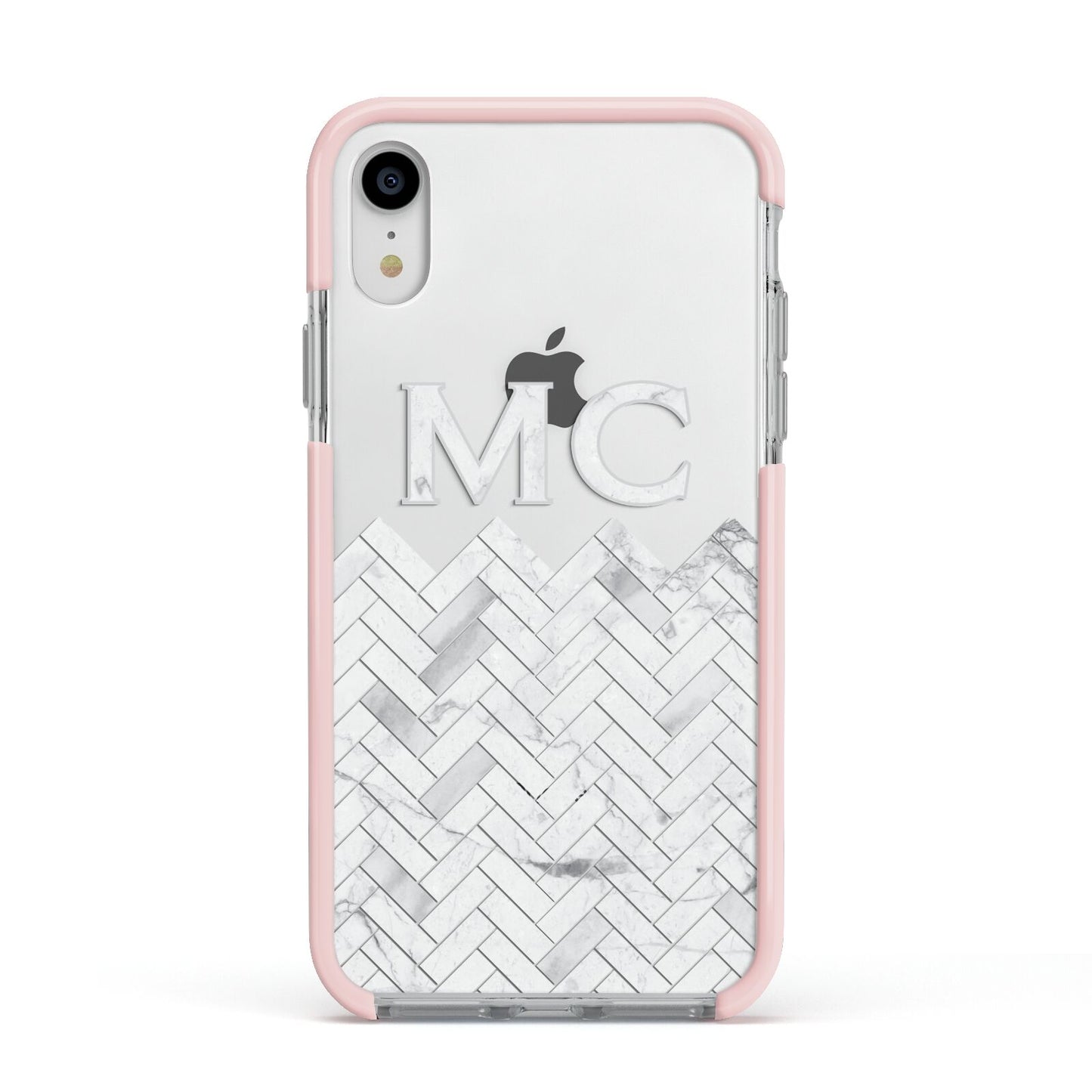 Personalised Marble Herringbone Clear Apple iPhone XR Impact Case Pink Edge on Silver Phone