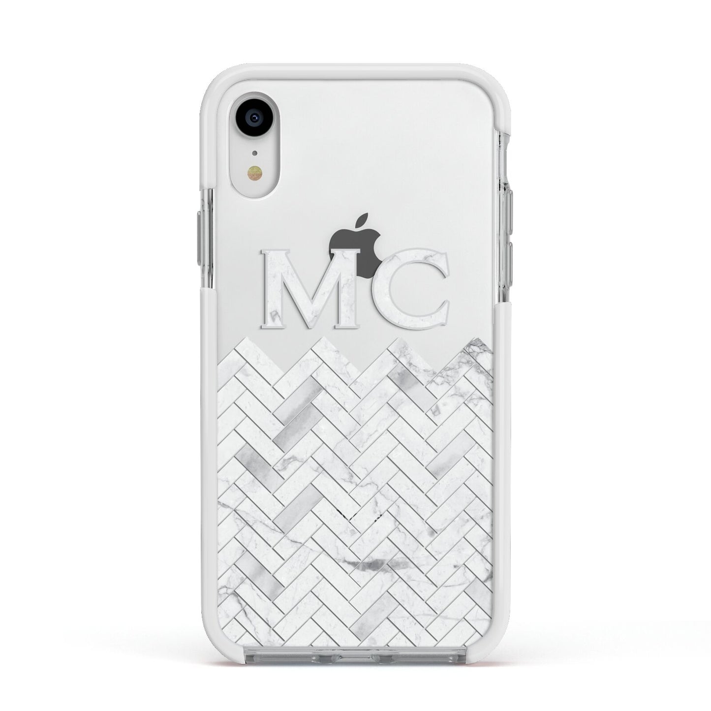 Personalised Marble Herringbone Clear Apple iPhone XR Impact Case White Edge on Silver Phone