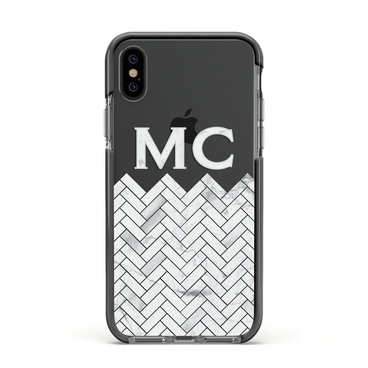 Personalised Marble Herringbone Clear Apple iPhone Xs Impact Case Black Edge on Black Phone