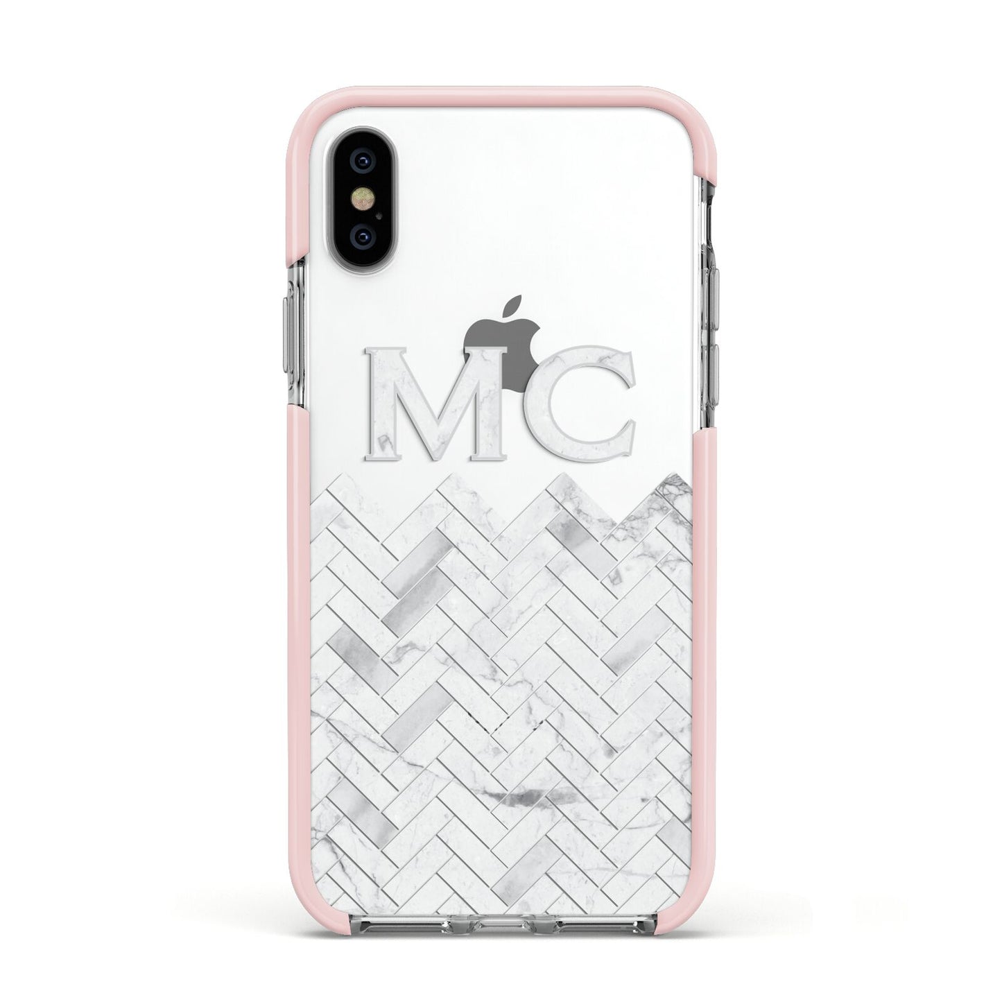 Personalised Marble Herringbone Clear Apple iPhone Xs Impact Case Pink Edge on Silver Phone