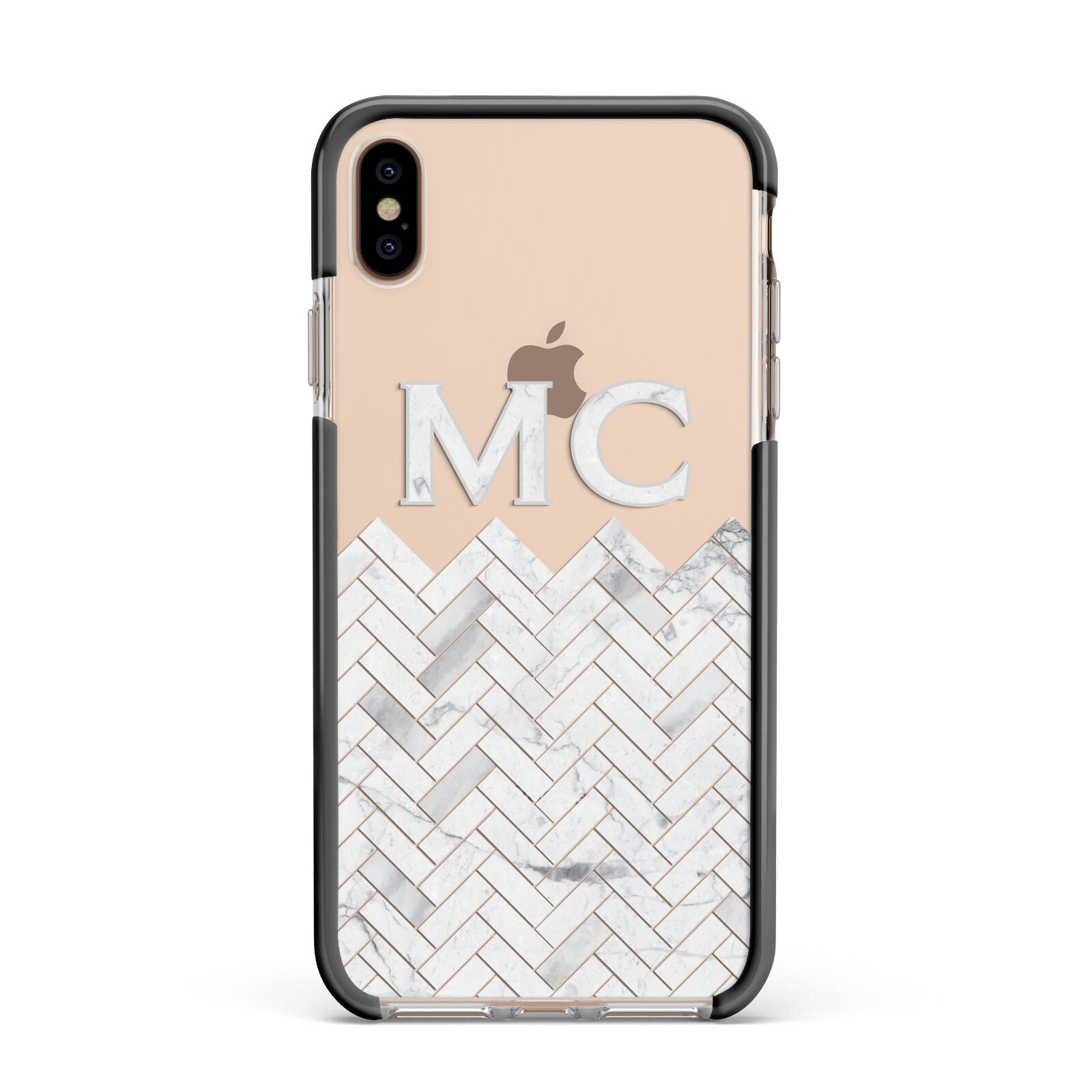 Personalised Marble Herringbone Clear Apple iPhone Xs Max Impact Case Black Edge on Gold Phone