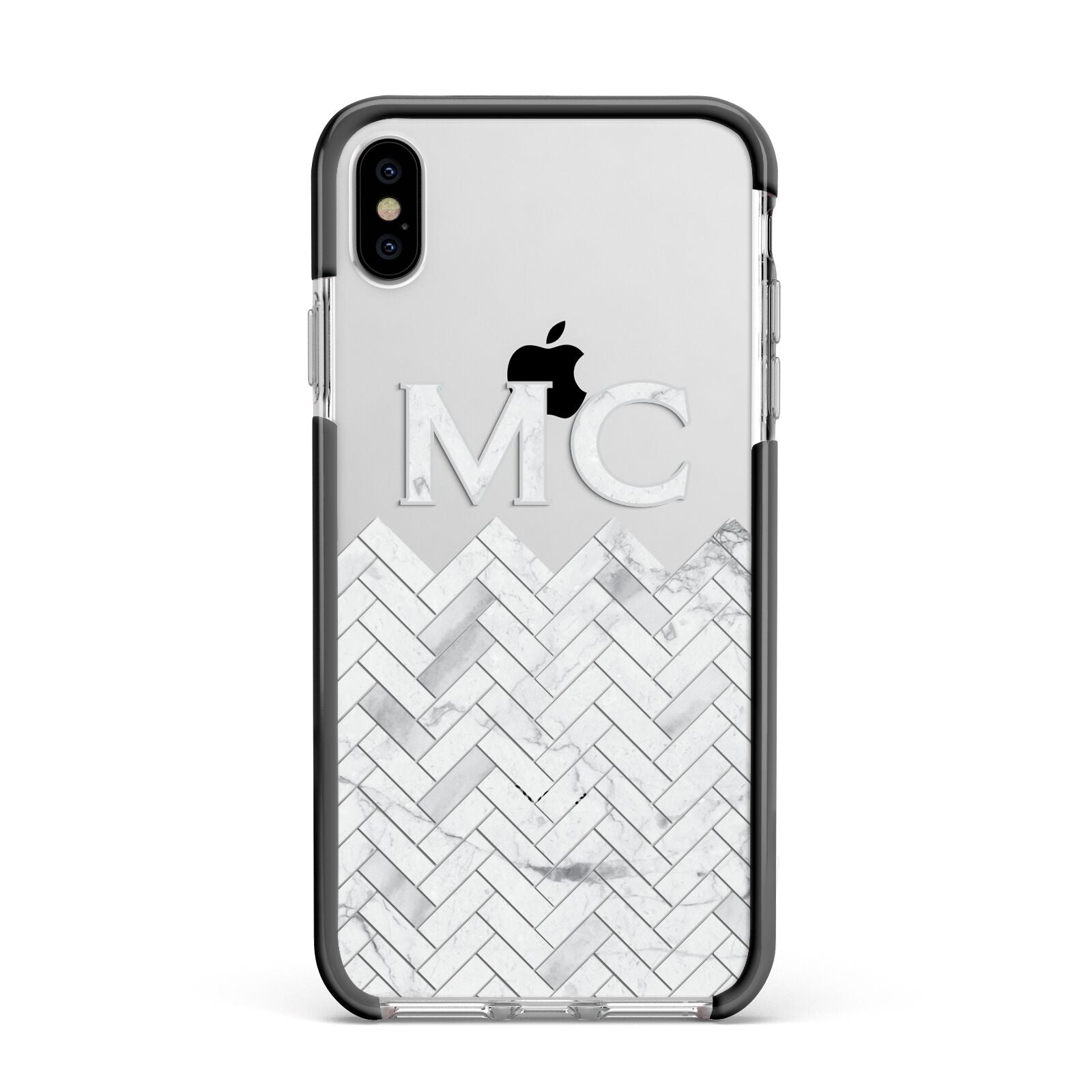 Personalised Marble Herringbone Clear Apple iPhone Xs Max Impact Case Black Edge on Silver Phone