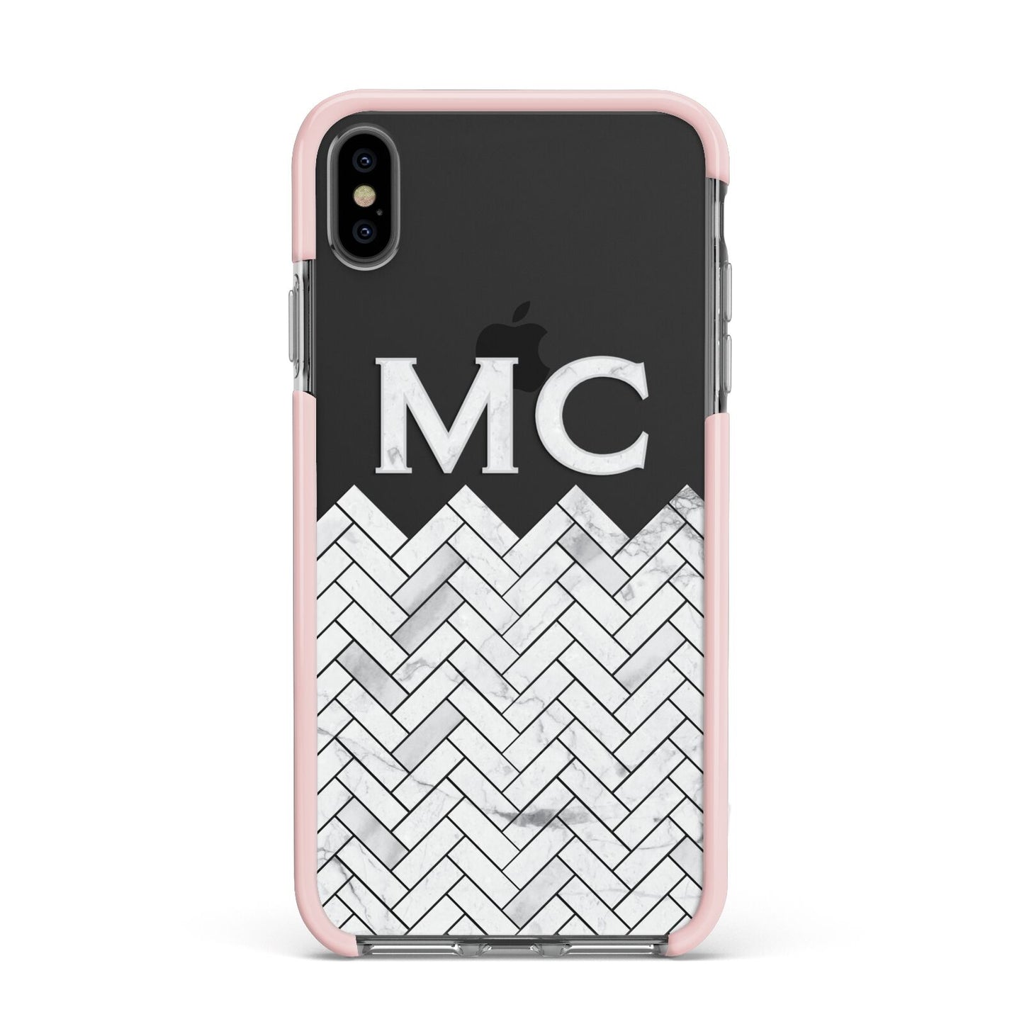 Personalised Marble Herringbone Clear Apple iPhone Xs Max Impact Case Pink Edge on Black Phone