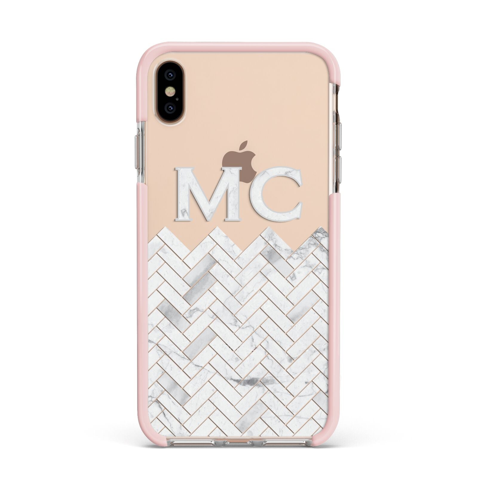 Personalised Marble Herringbone Clear Apple iPhone Xs Max Impact Case Pink Edge on Gold Phone