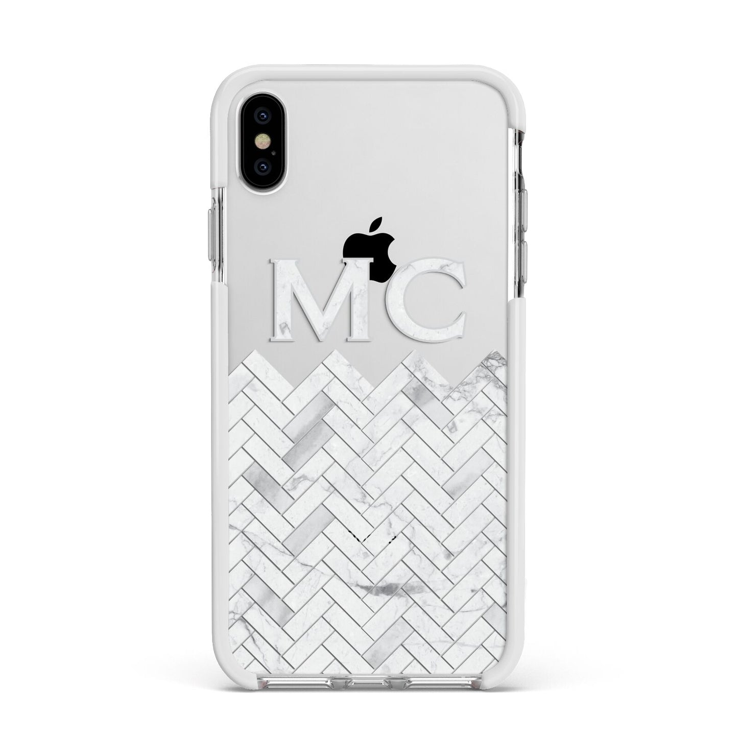 Personalised Marble Herringbone Clear Apple iPhone Xs Max Impact Case White Edge on Silver Phone