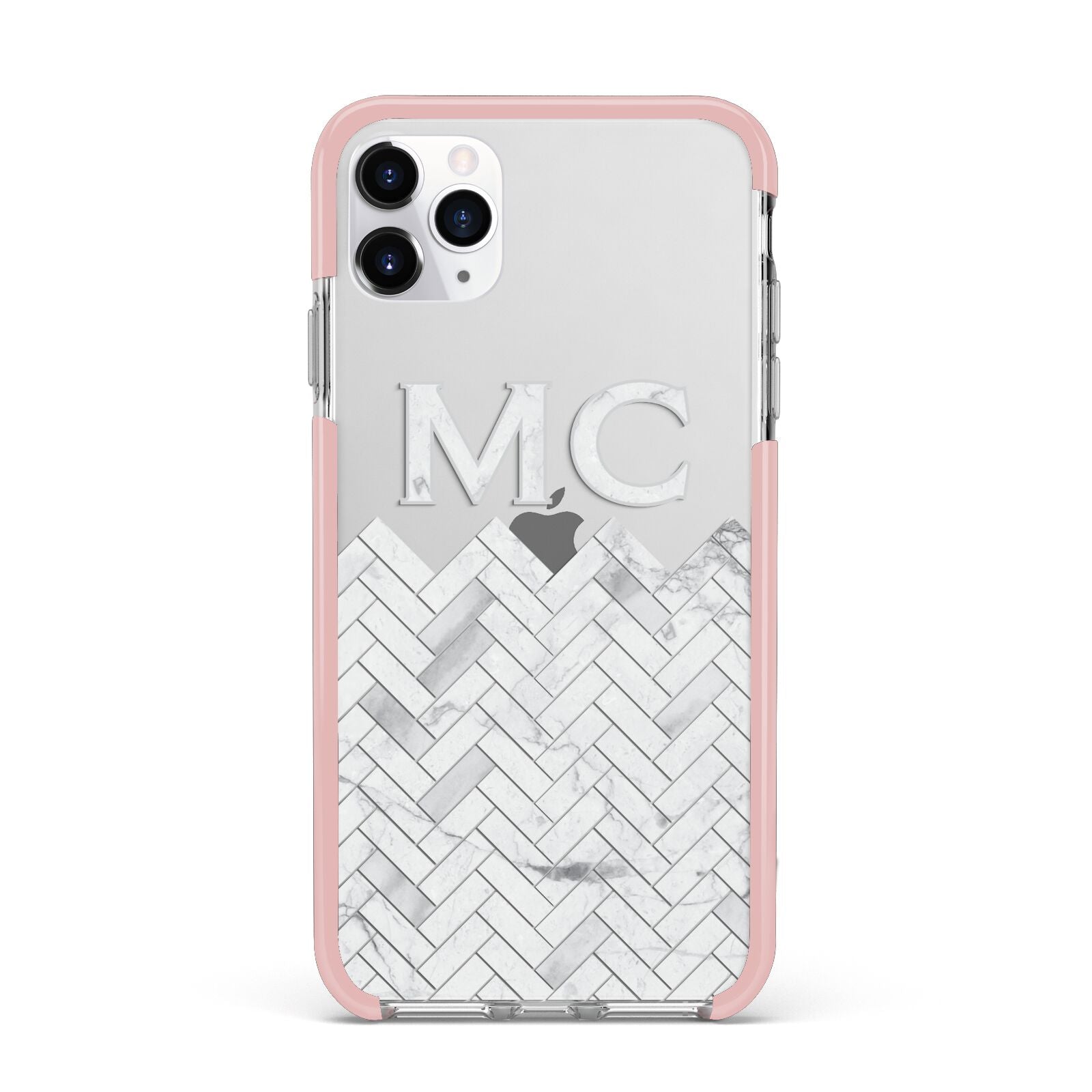 Personalised Marble Herringbone Clear iPhone 11 Pro Max Impact Pink Edge Case