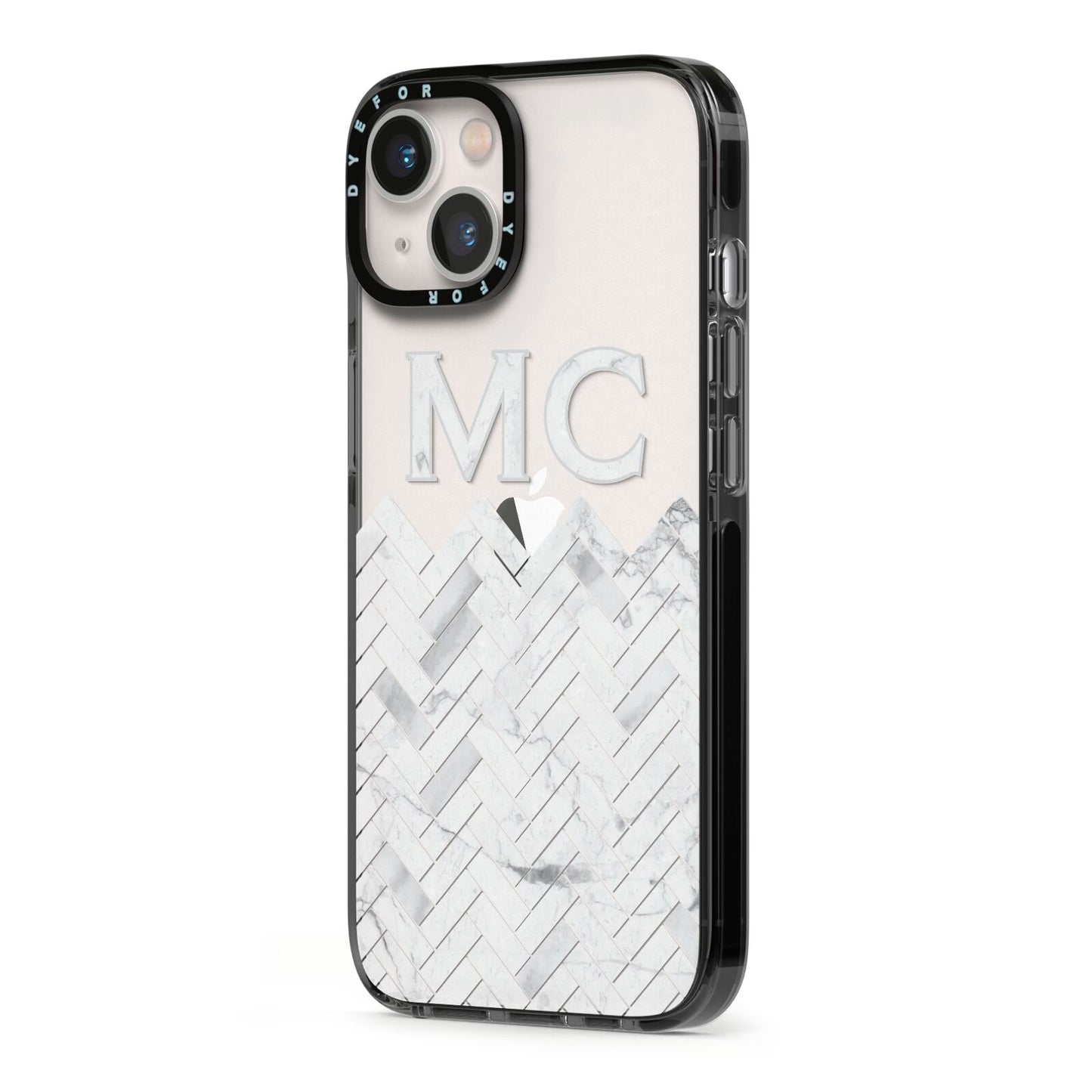 Personalised Marble Herringbone Clear iPhone 13 Black Impact Case Side Angle on Silver phone