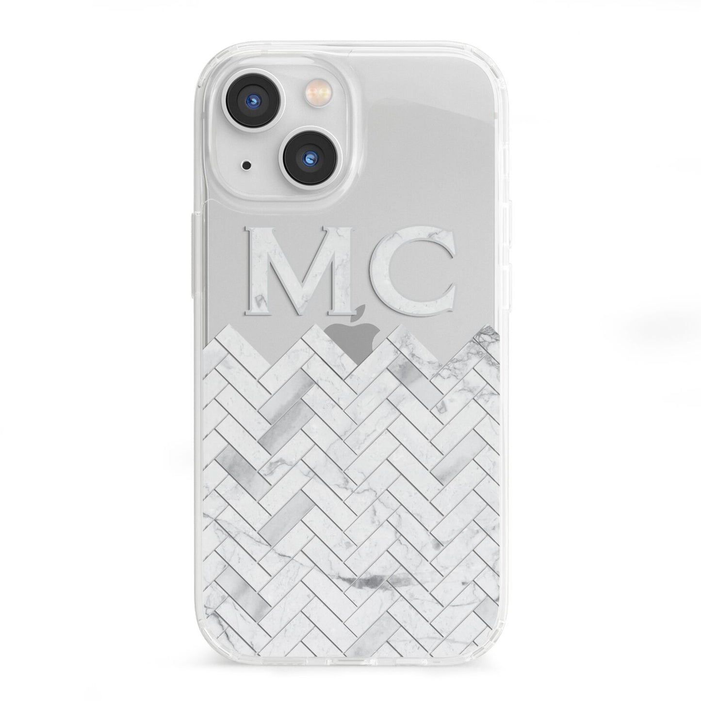Personalised Marble Herringbone Clear iPhone 13 Mini Clear Bumper Case
