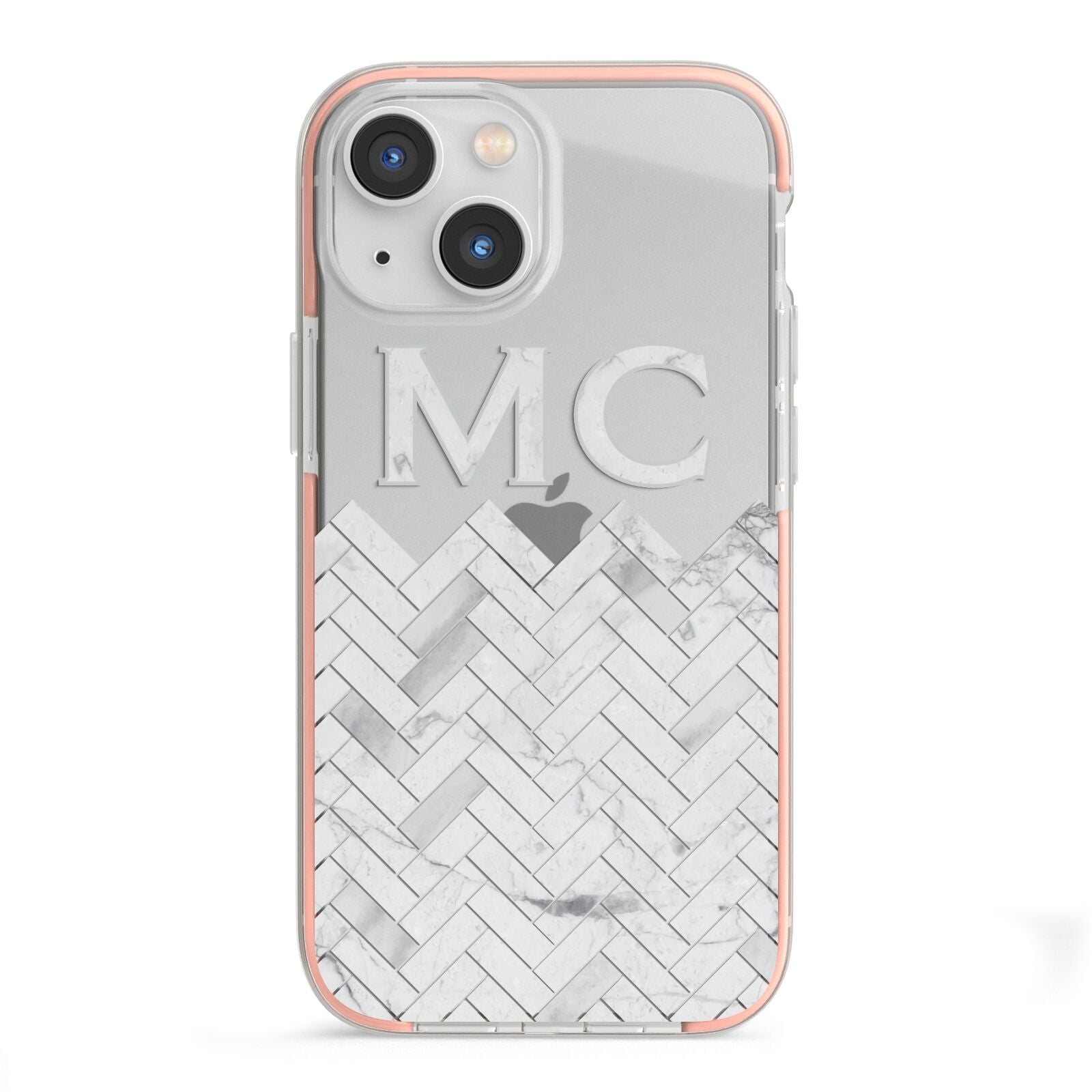 Personalised Marble Herringbone Clear iPhone 13 Mini TPU Impact Case with Pink Edges