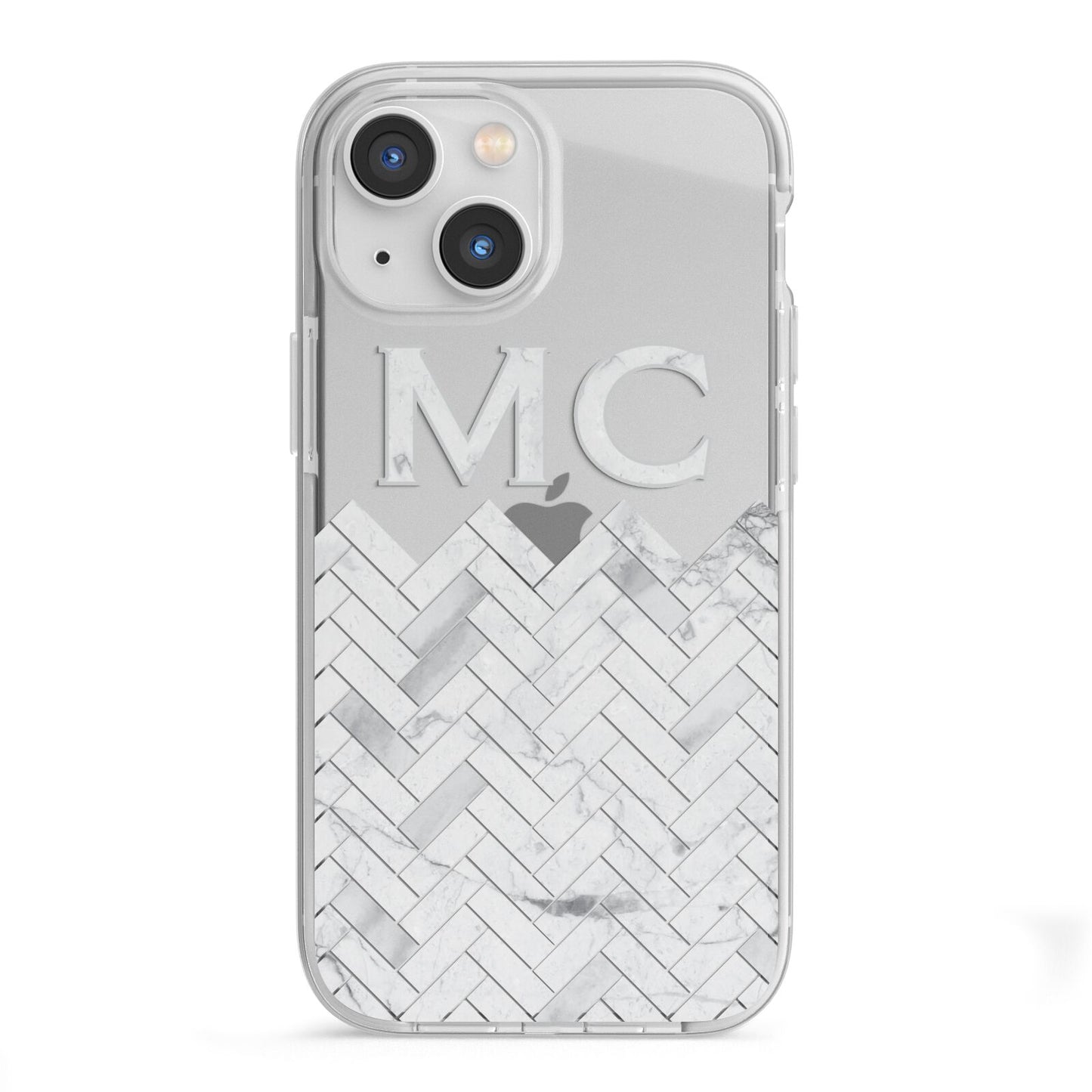Personalised Marble Herringbone Clear iPhone 13 Mini TPU Impact Case with White Edges