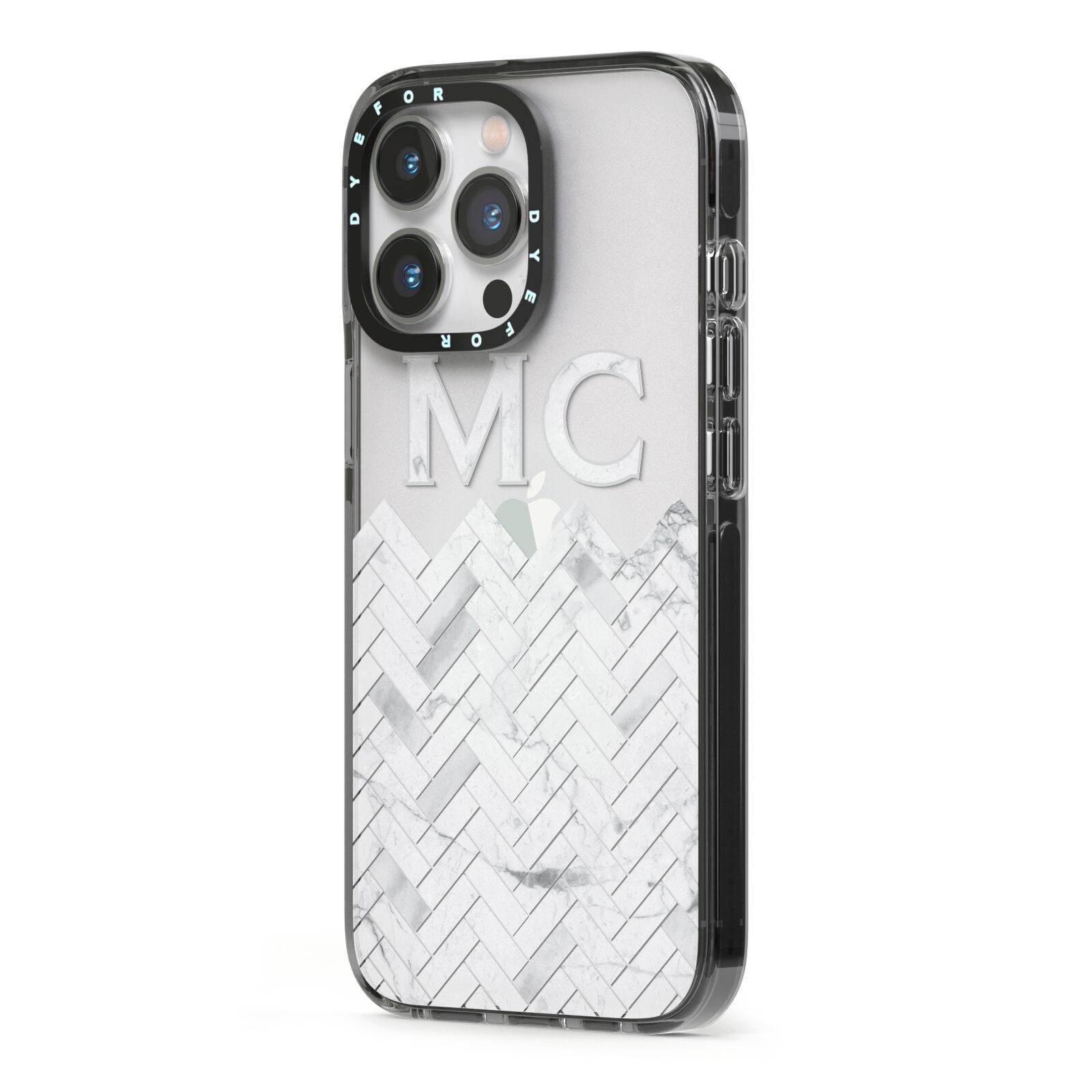 Personalised Marble Herringbone Clear iPhone 13 Pro Black Impact Case Side Angle on Silver phone