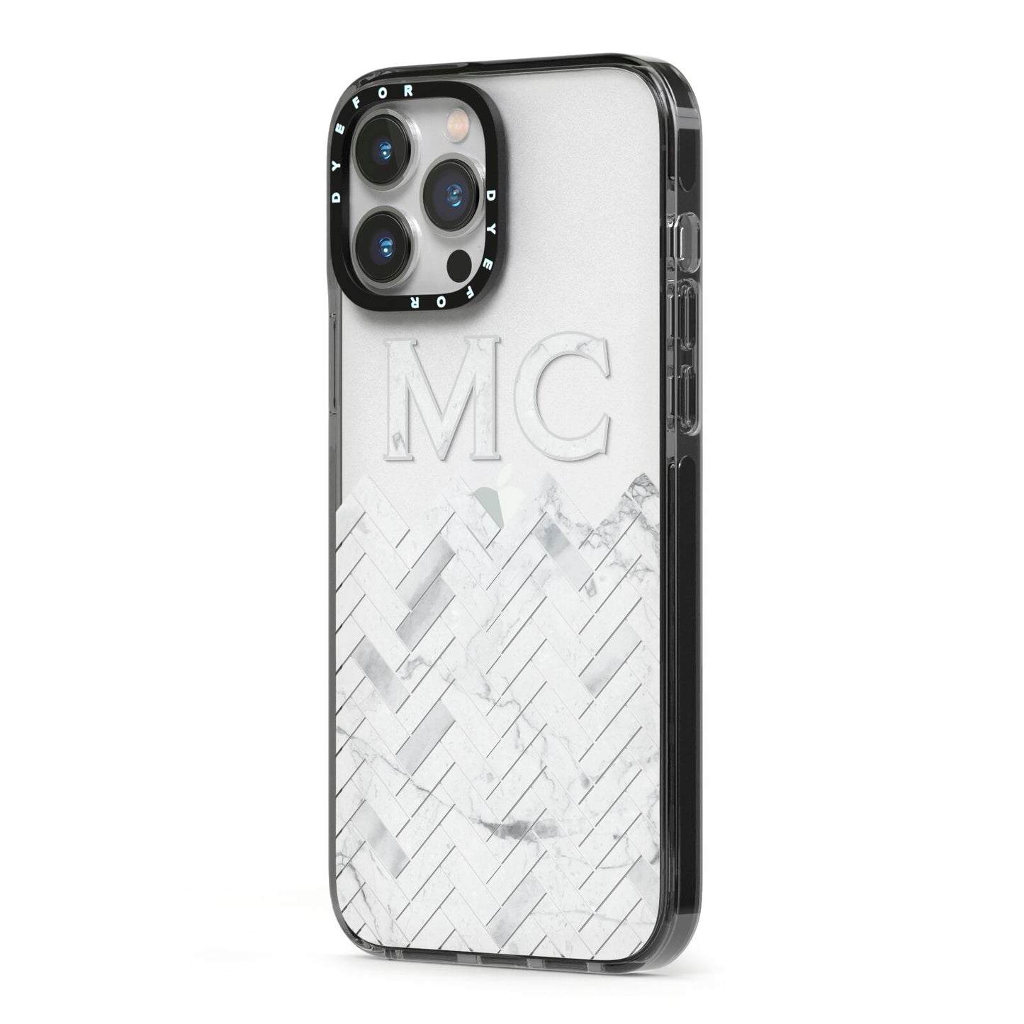 Personalised Marble Herringbone Clear iPhone 13 Pro Max Black Impact Case Side Angle on Silver phone