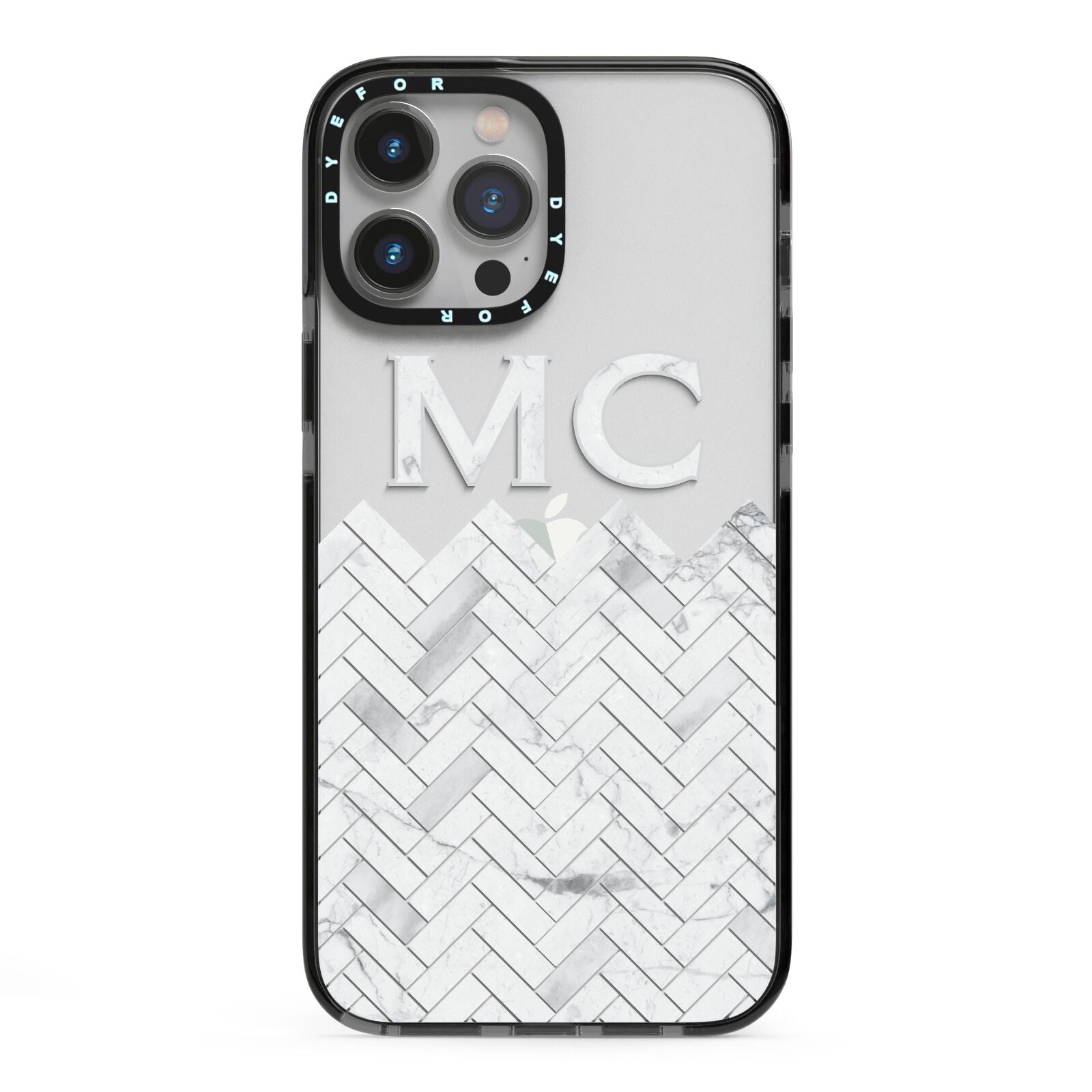 Personalised Marble Herringbone Clear iPhone 13 Pro Max Black Impact Case on Silver phone