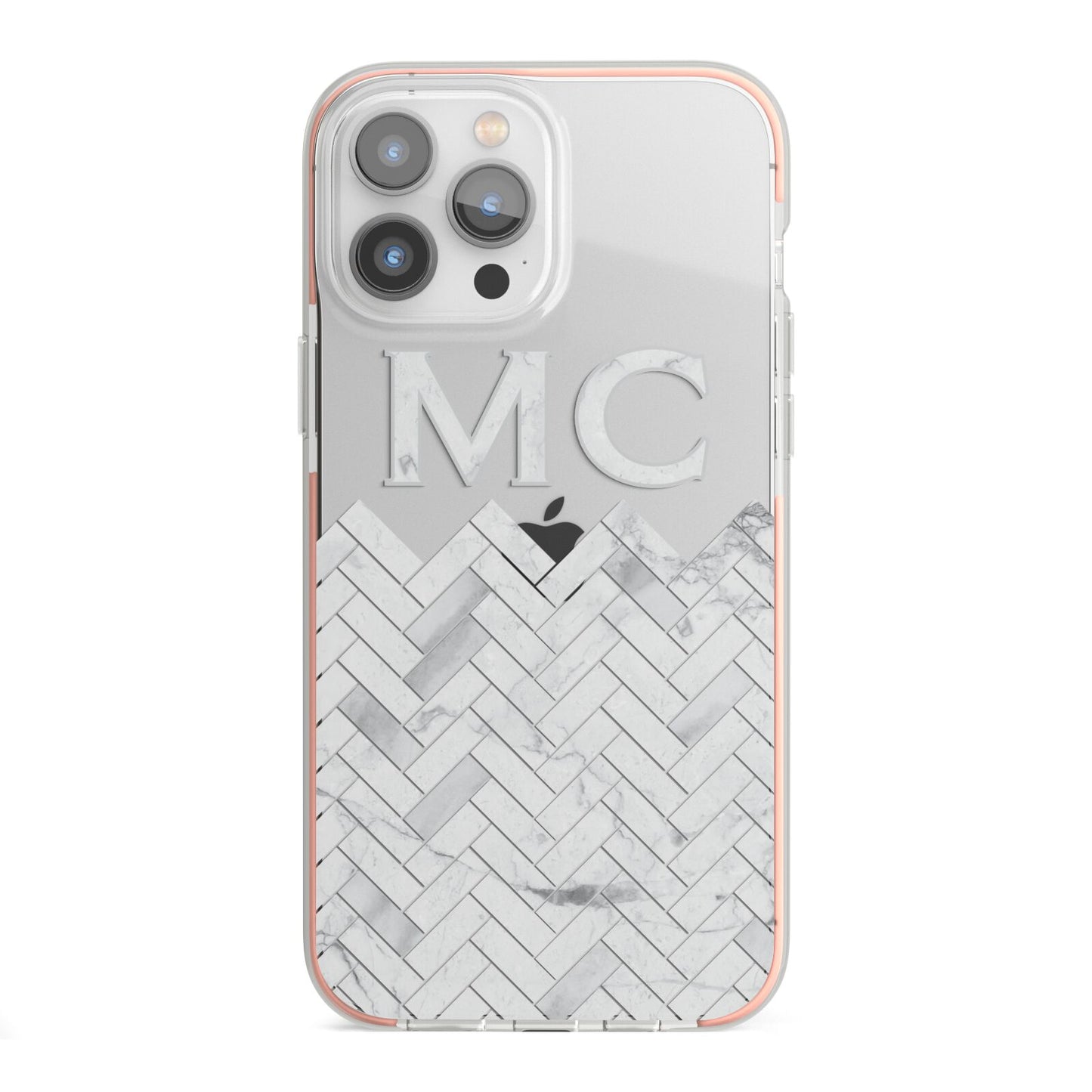 Personalised Marble Herringbone Clear iPhone 13 Pro Max TPU Impact Case with Pink Edges