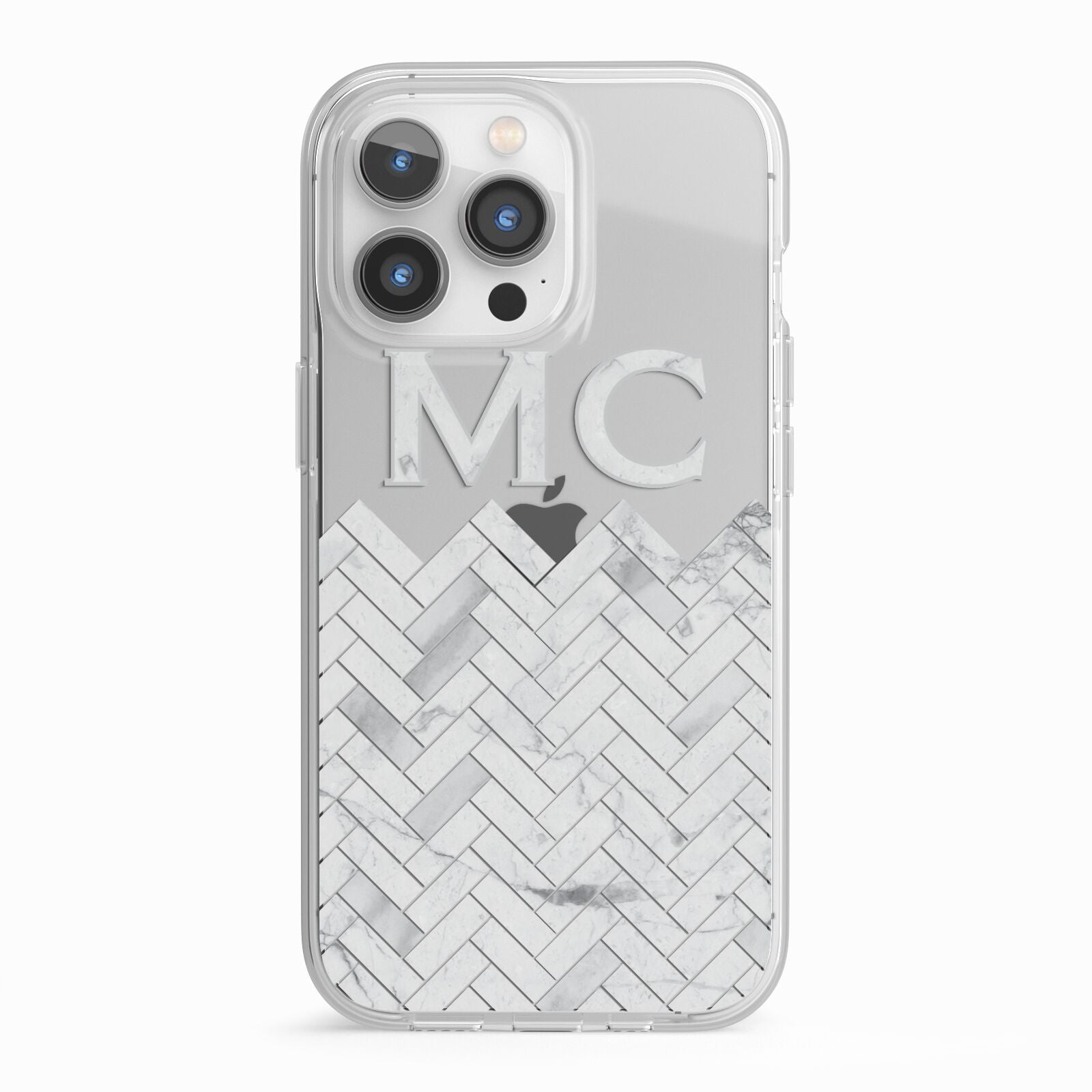 Personalised Marble Herringbone Clear iPhone 13 Pro TPU Impact Case with White Edges