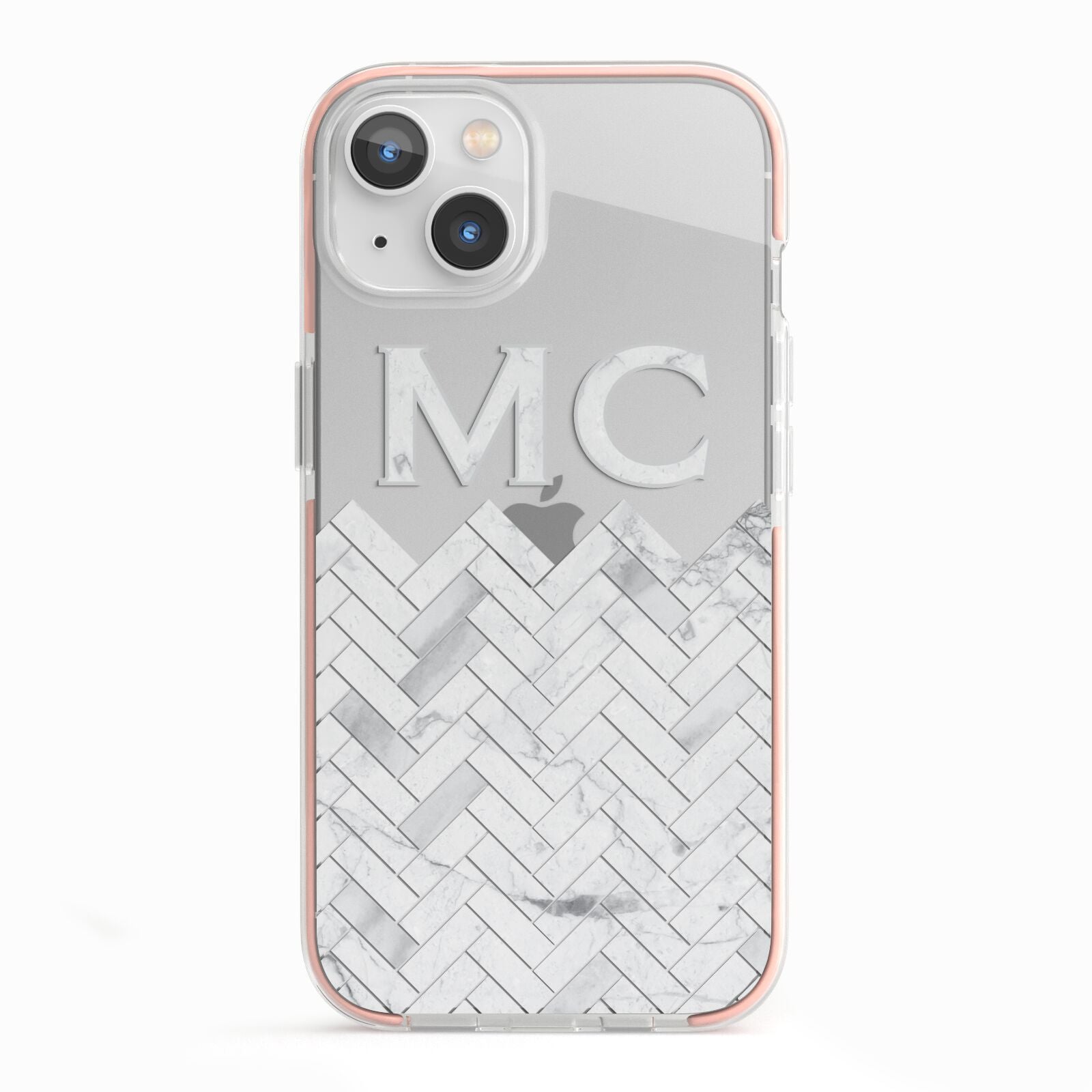 Personalised Marble Herringbone Clear iPhone 13 TPU Impact Case with Pink Edges