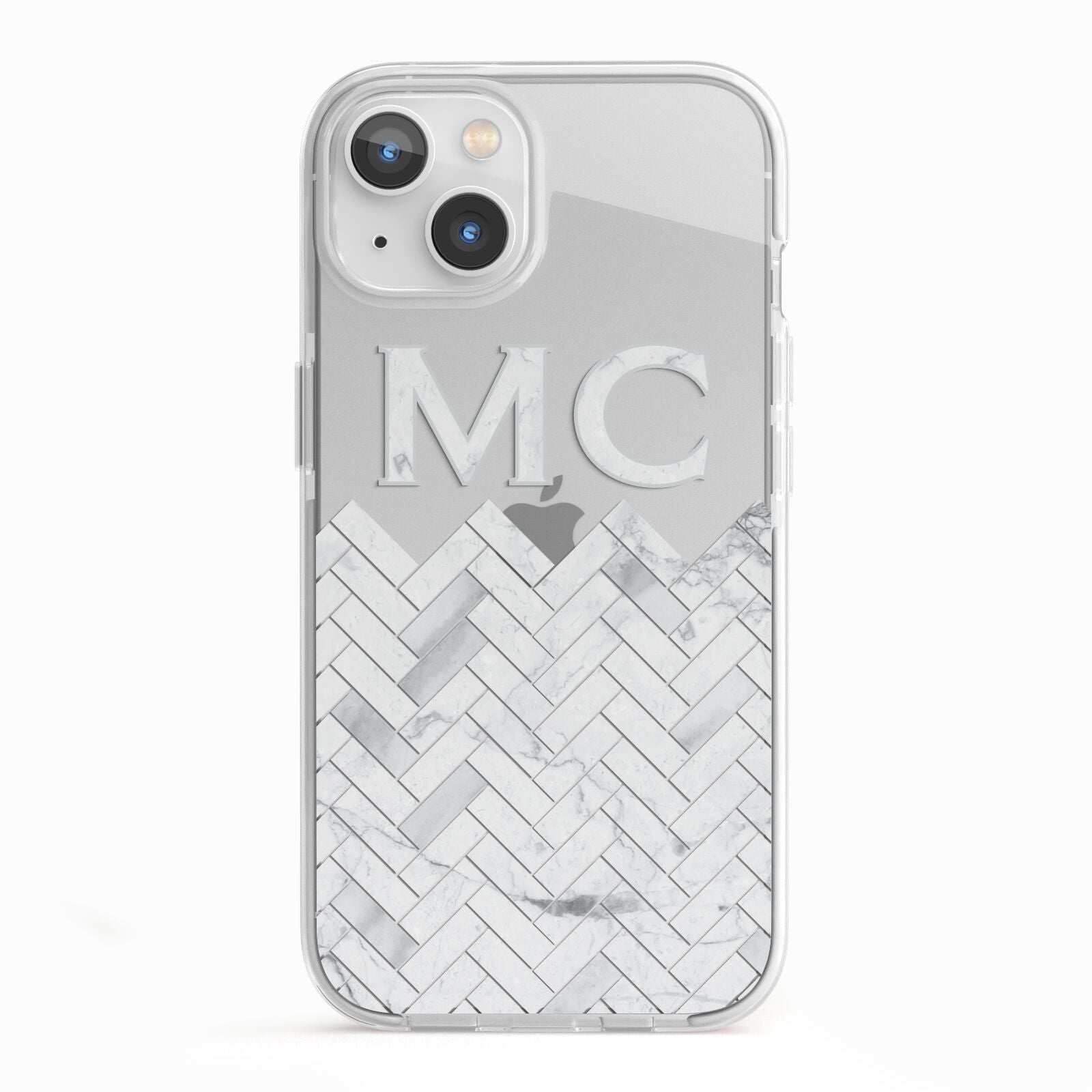 Personalised Marble Herringbone Clear iPhone 13 TPU Impact Case with White Edges
