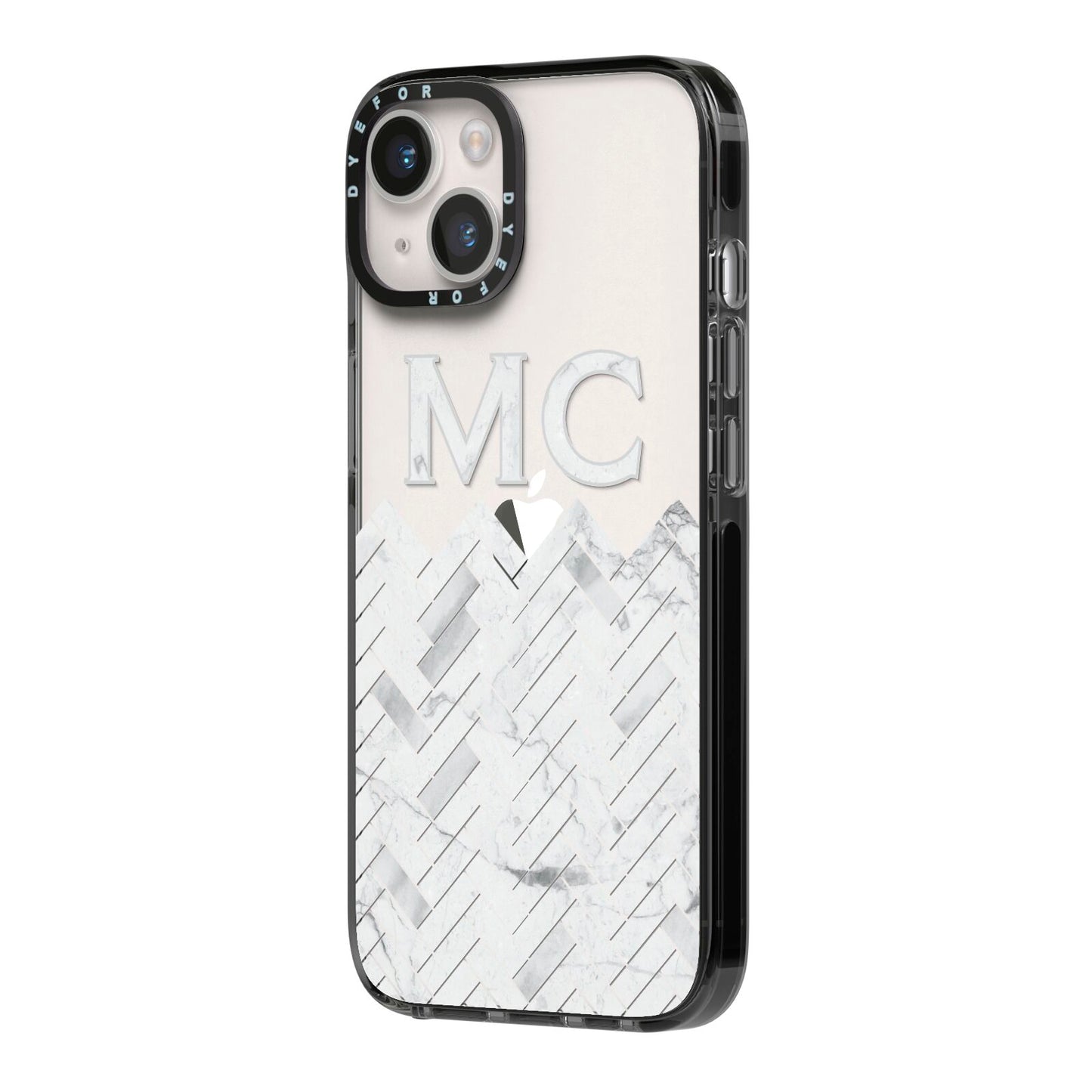 Personalised Marble Herringbone Clear iPhone 14 Black Impact Case Side Angle on Silver phone