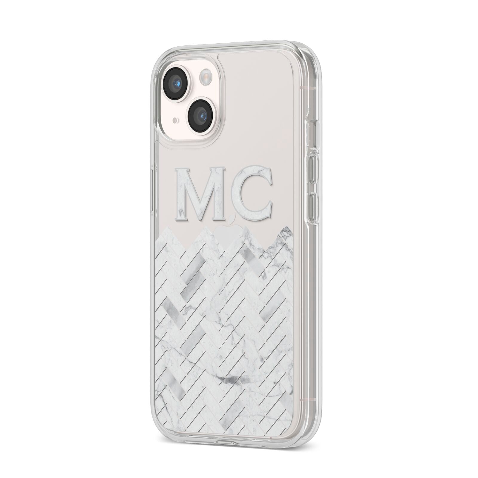 Personalised Marble Herringbone Clear iPhone 14 Clear Tough Case Starlight Angled Image